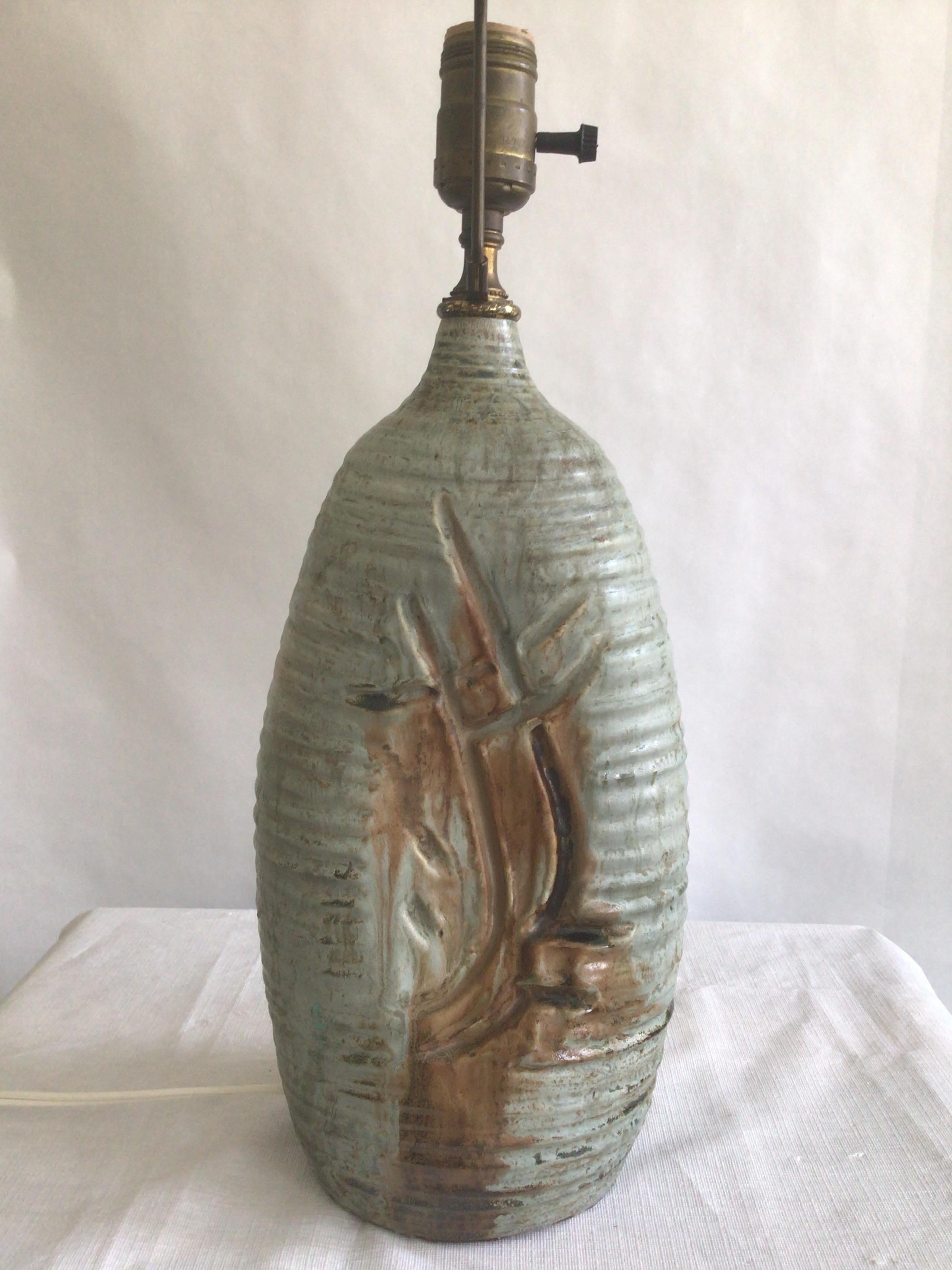 Ceramic 1960s Table Lamp with Hand Carved Wheat Motif For Sale