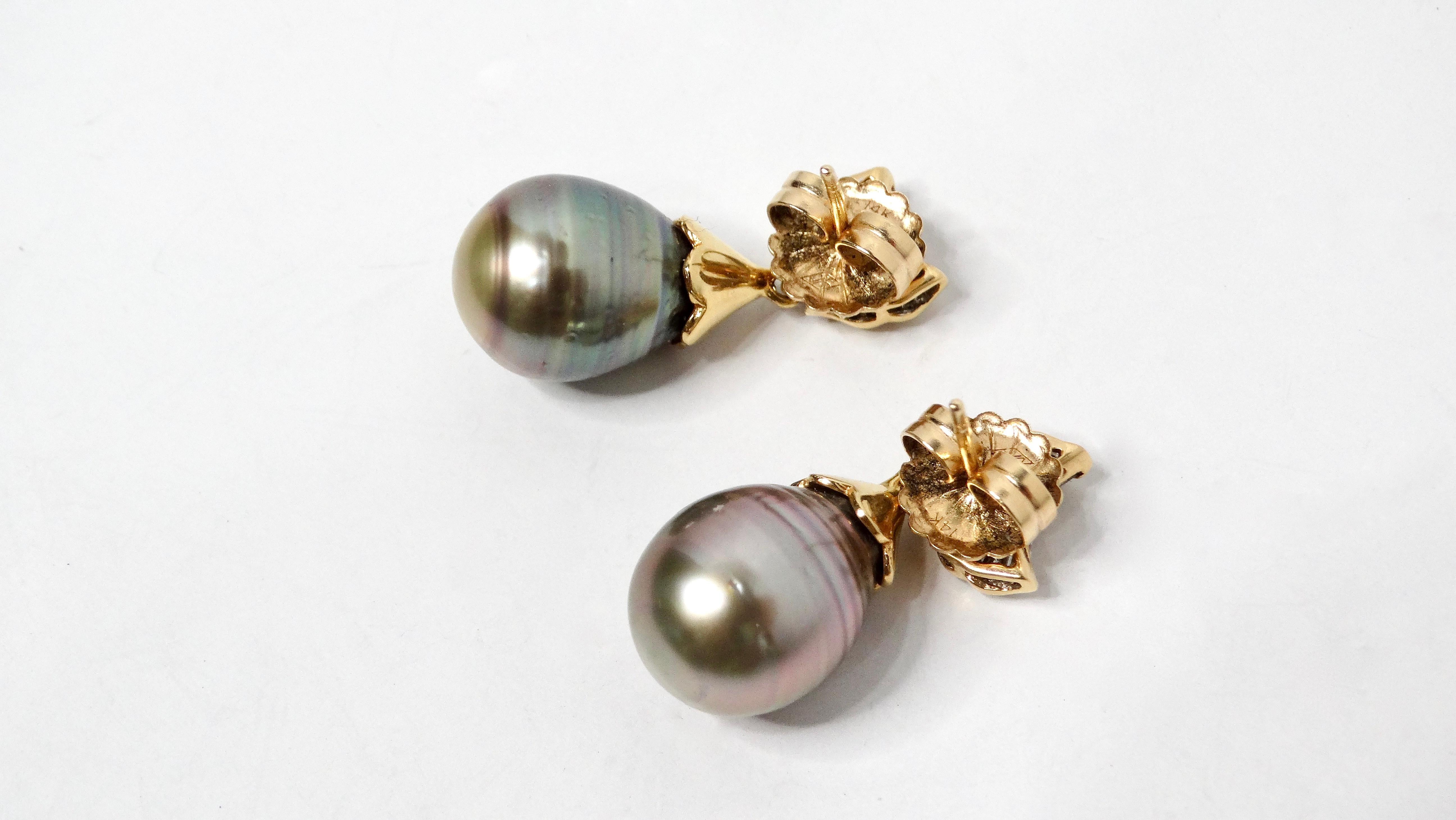 Art Deco 1960s Tahitian Pearl 14k Solid Yellow Gold Dangle Earrings With Diamonds For Sale
