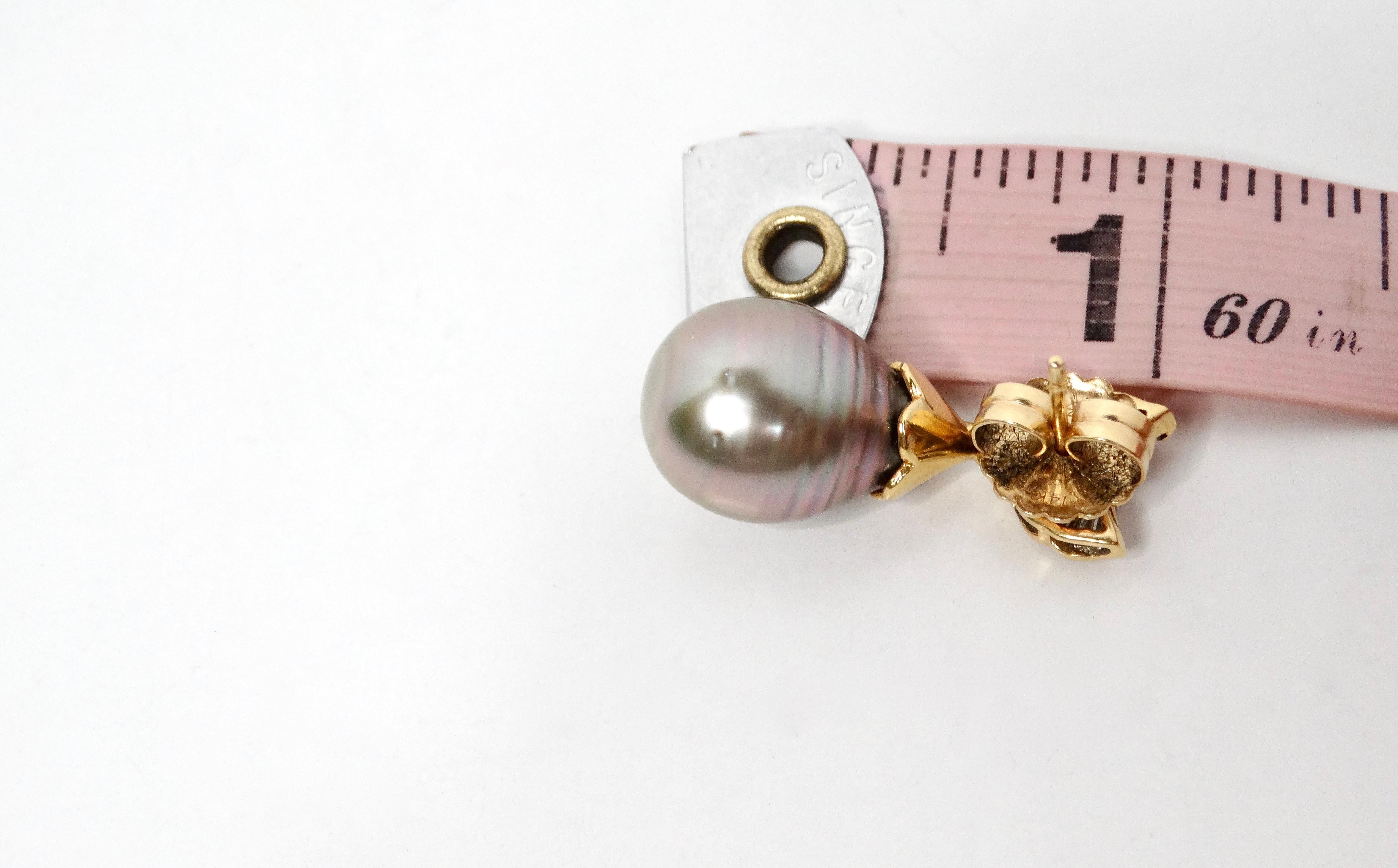 Women's 1960s Tahitian Pearl 14k Solid Yellow Gold Dangle Earrings With Diamonds For Sale