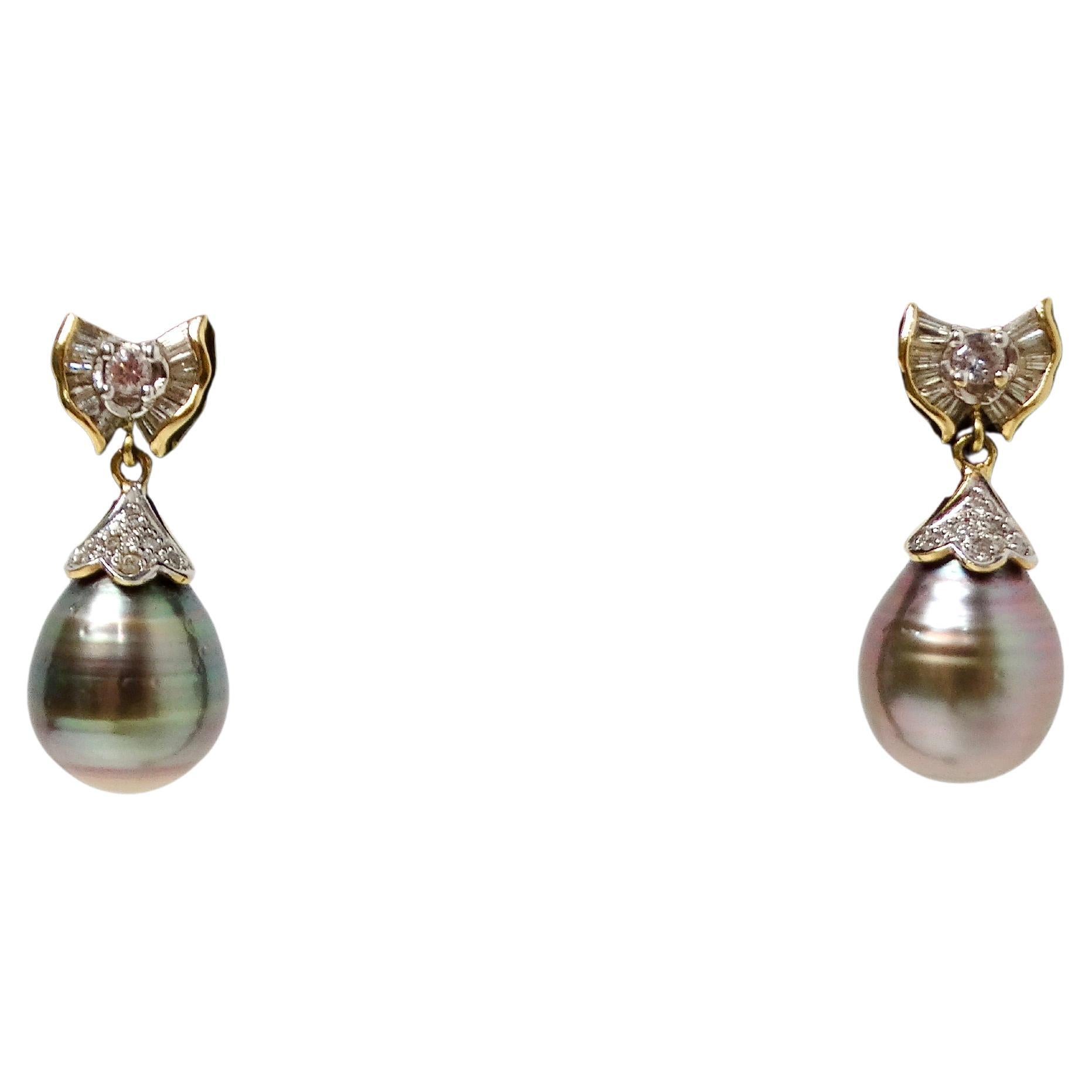 1960s Tahitian Pearl 14k Solid Yellow Gold Dangle Earrings With Diamonds For Sale