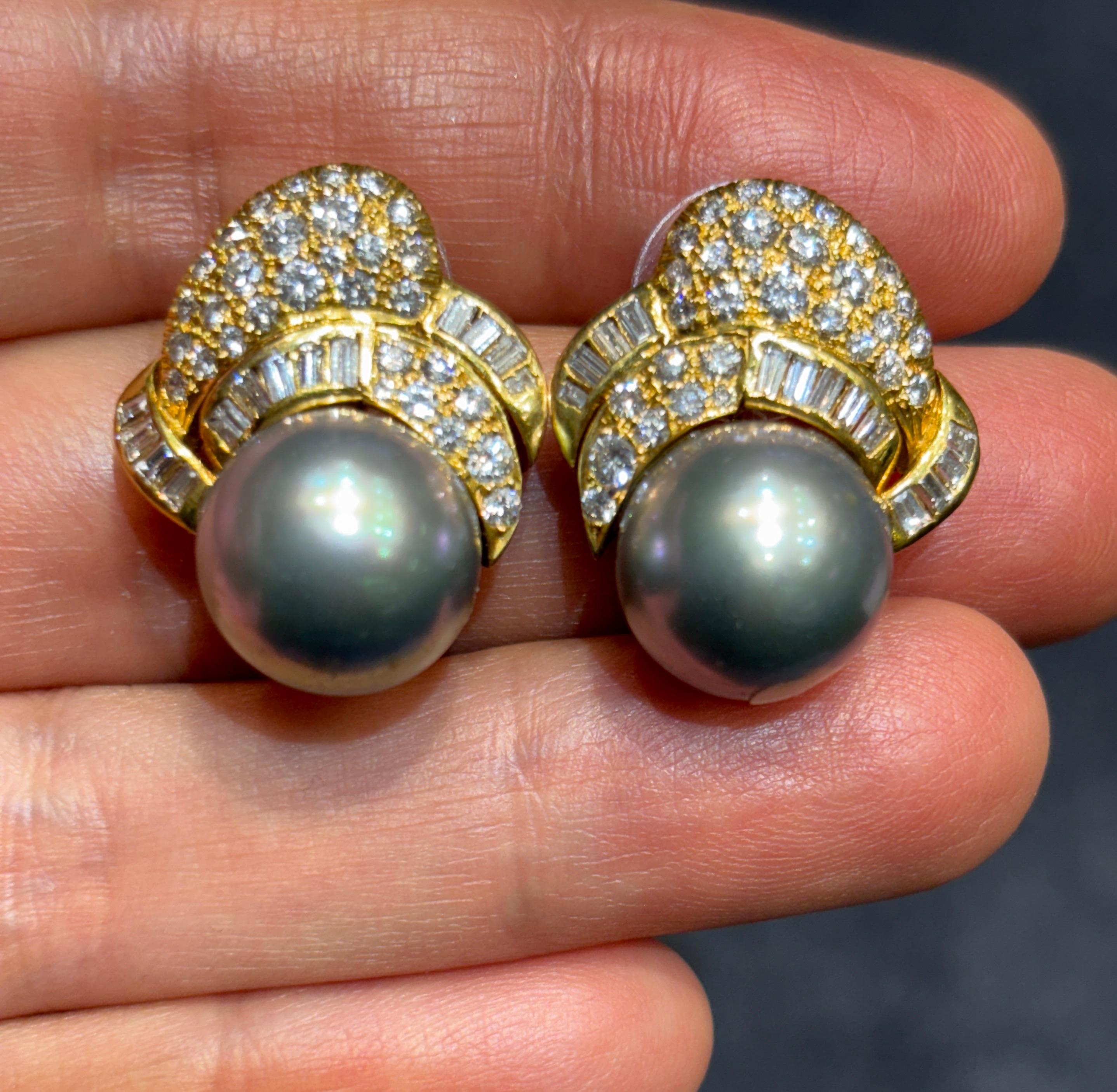 Contemporary 1960s Tahitian pearl and diamond earrings