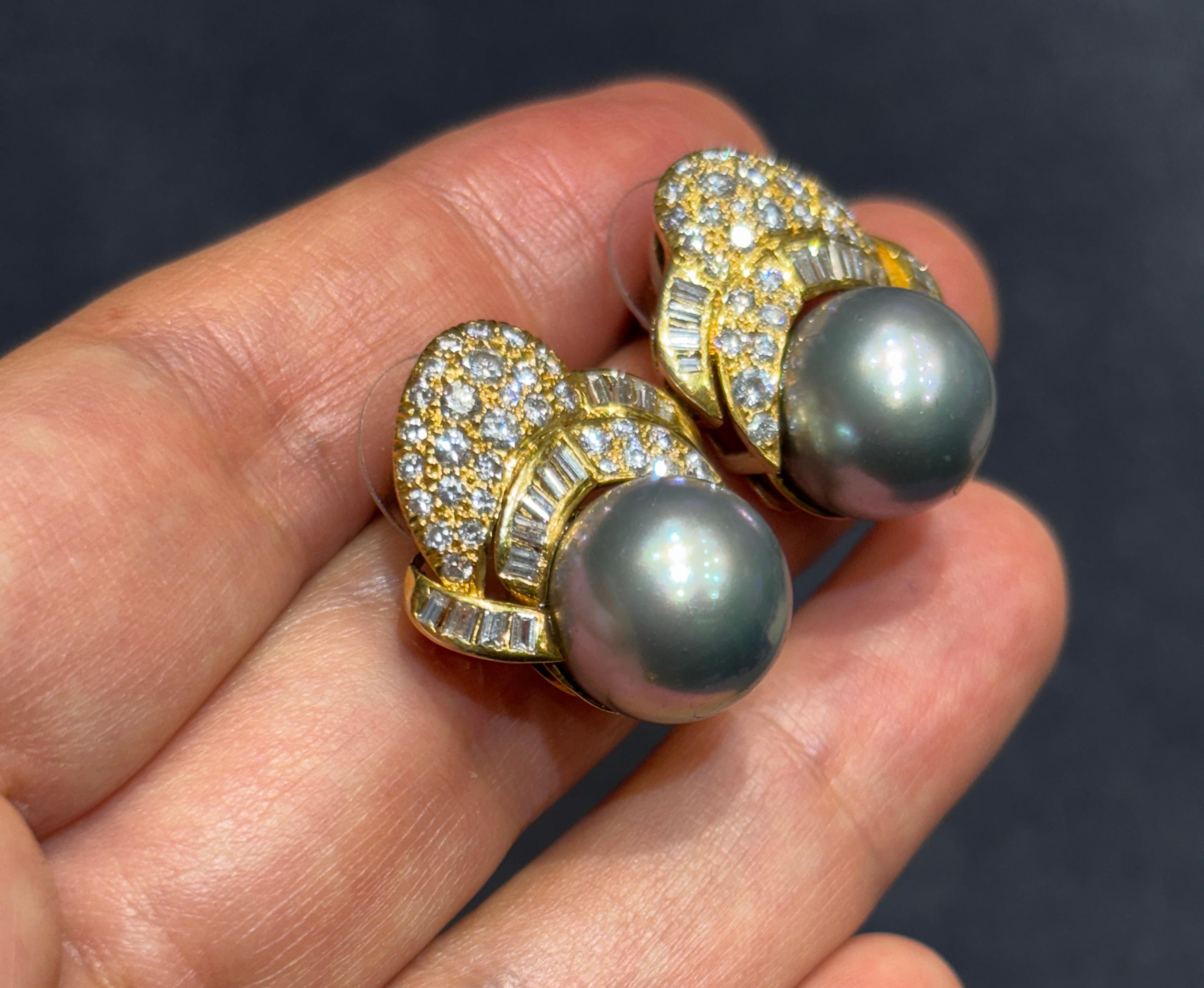 Tapered Baguette 1960s Tahitian pearl and diamond earrings