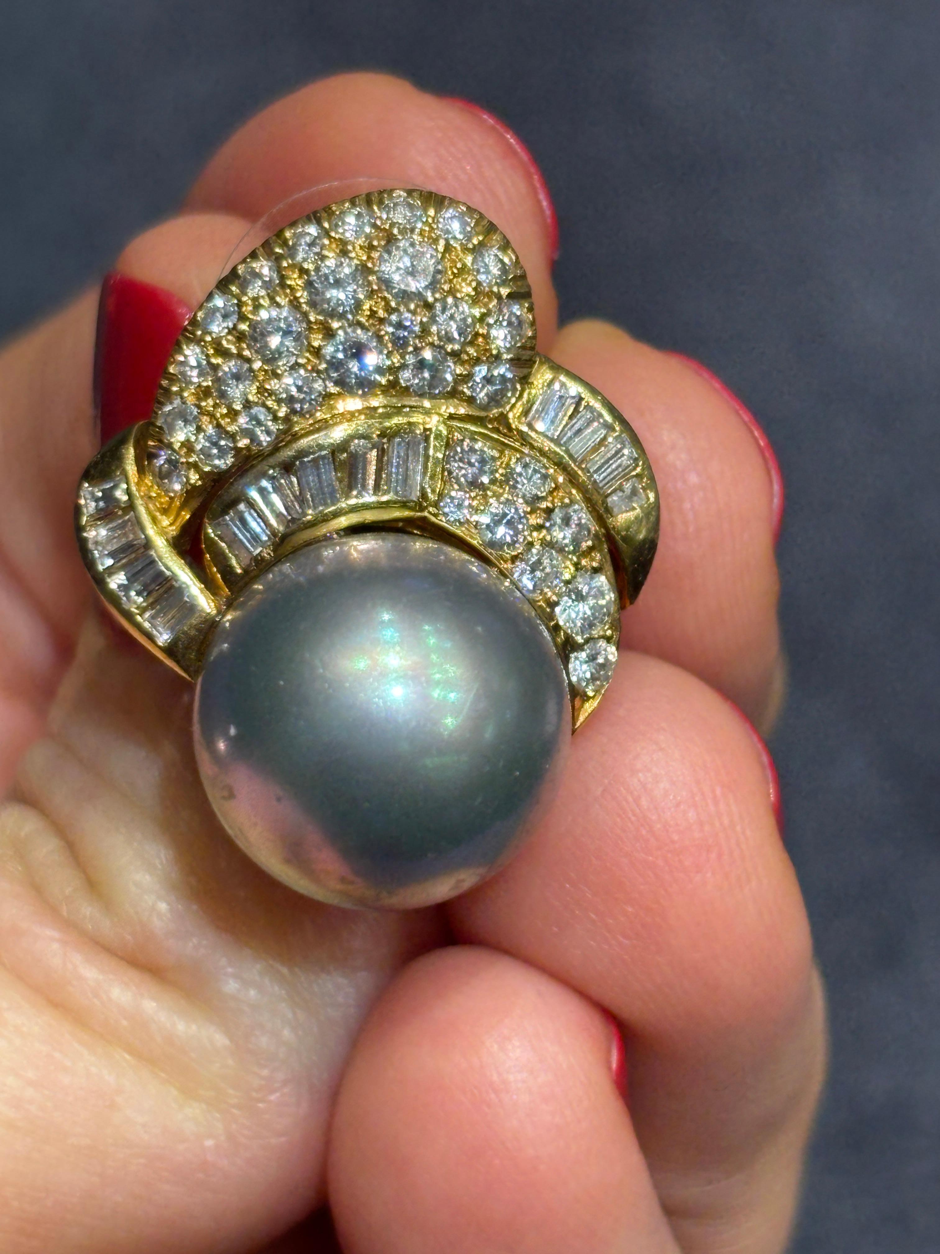 Women's or Men's 1960s Tahitian pearl and diamond earrings