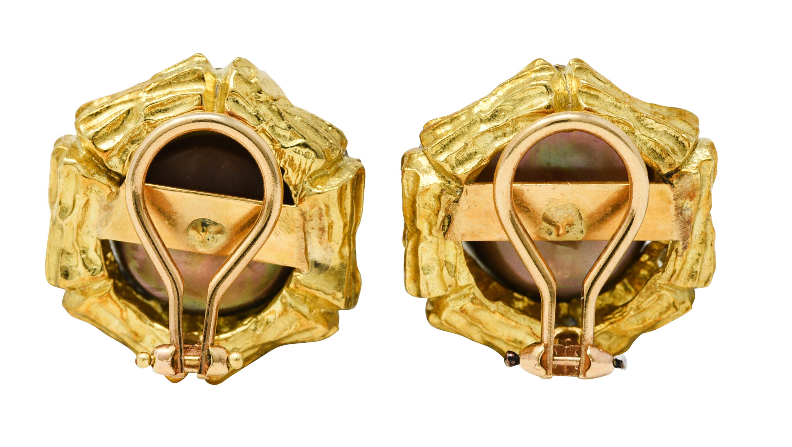Contemporary 1960's Tahitian Pearl Diamond 14 Karat Yellow Gold Bamboo Vintage Clip Earrings