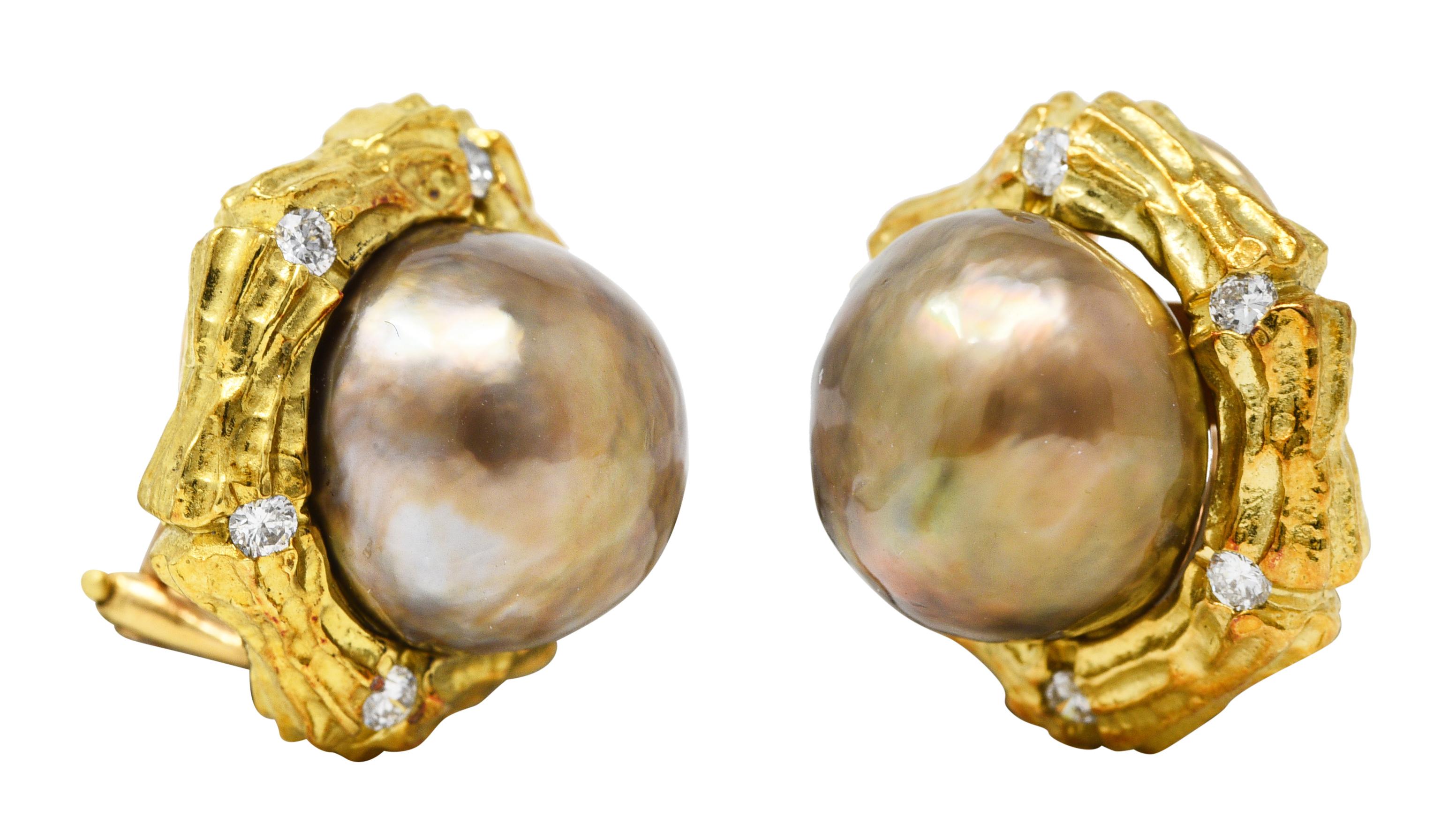 1960's Tahitian Pearl Diamond 14 Karat Yellow Gold Bamboo Vintage Clip Earrings 2