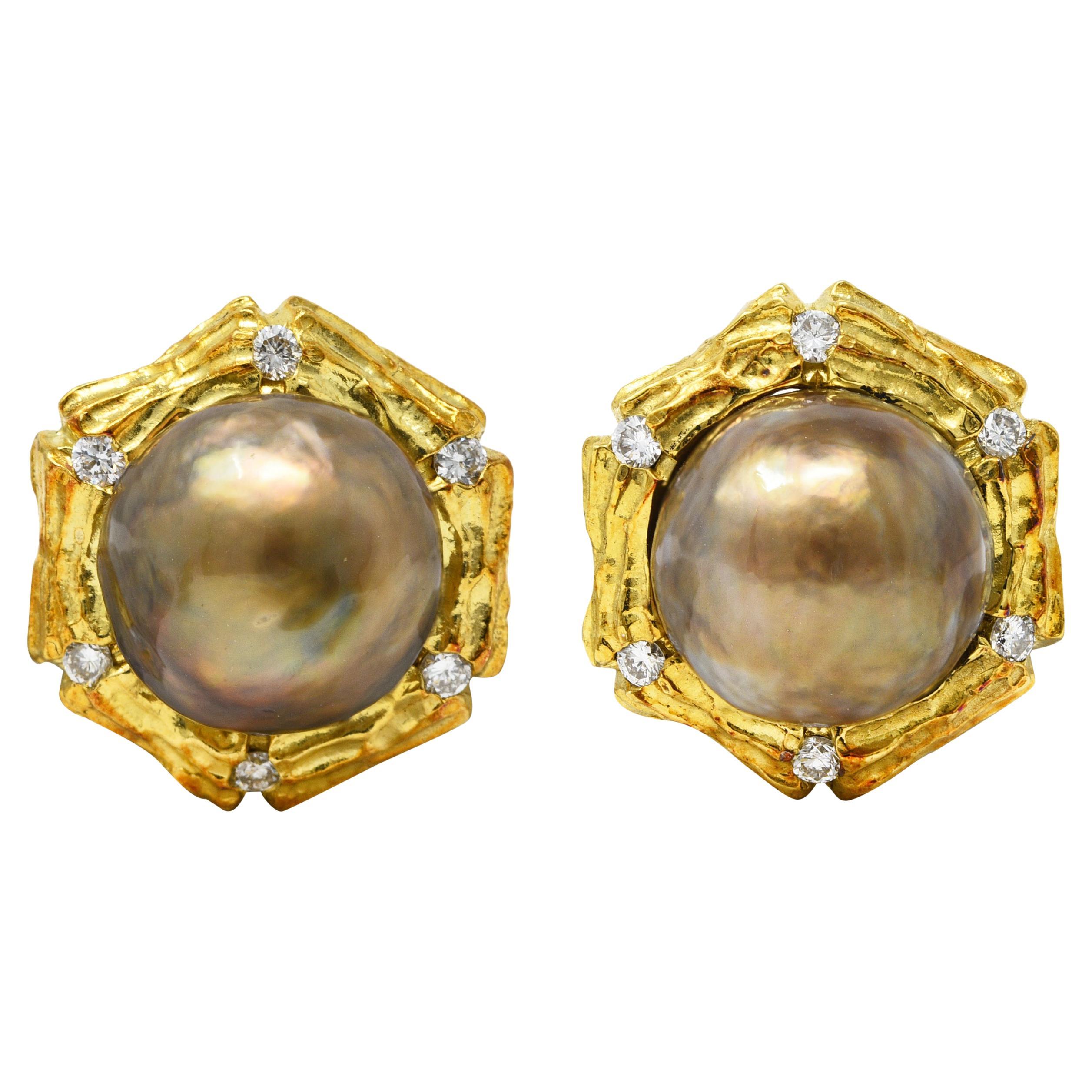 1960's Tahitian Pearl Diamond 14 Karat Yellow Gold Bamboo Vintage Clip Earrings