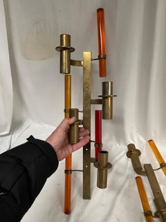 1960's tall brass and lucite sconces