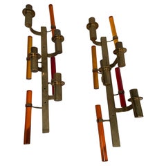 1960's tall brass and lucite sconces