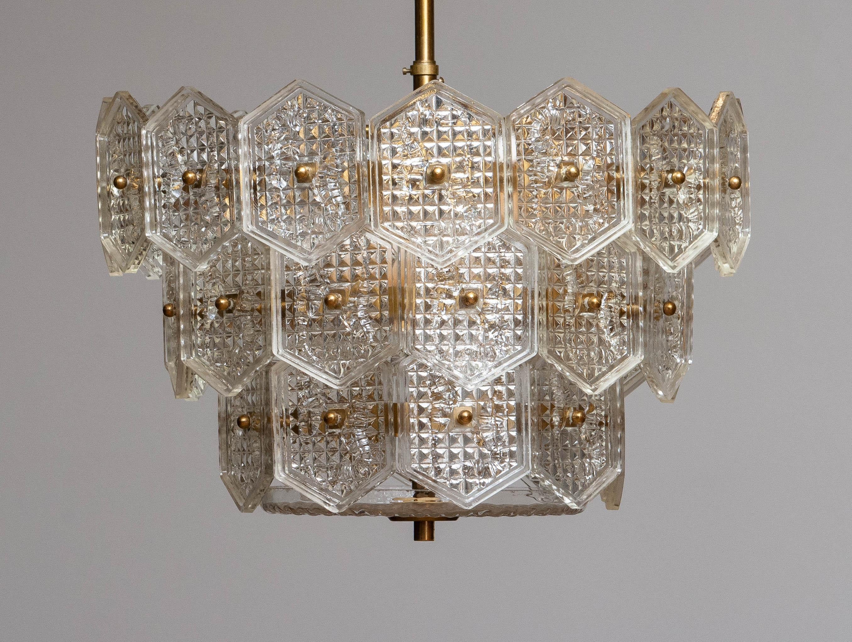 Mid-20th Century 1960s Tall Brass Chandelier Filled with Clear Art Glass by Kinkeldey, Germany