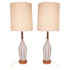 1960s Tall Mid-Century Modern Walnut Ceramic Table Lamps Pair