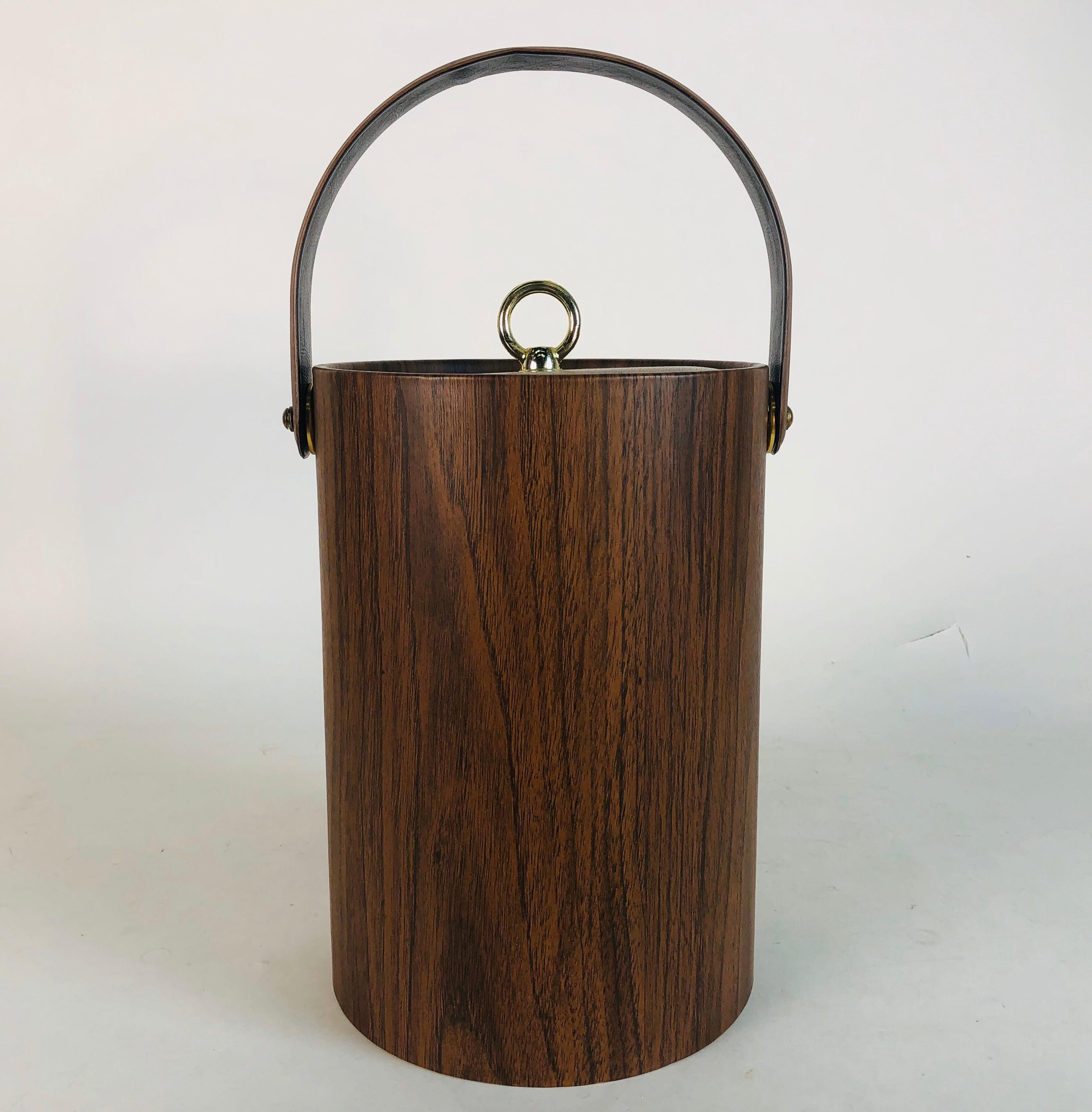 American 1960s Tall Vinyl Faux-Wood Handled Ice Bucket For Sale