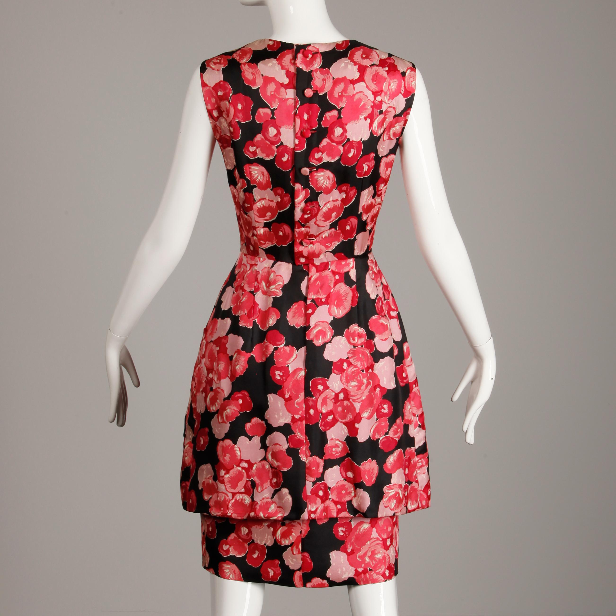 1960s Talmack by John Moore Vintage Red Pink and Black Floral Print Silk Dress In Excellent Condition In Sparks, NV
