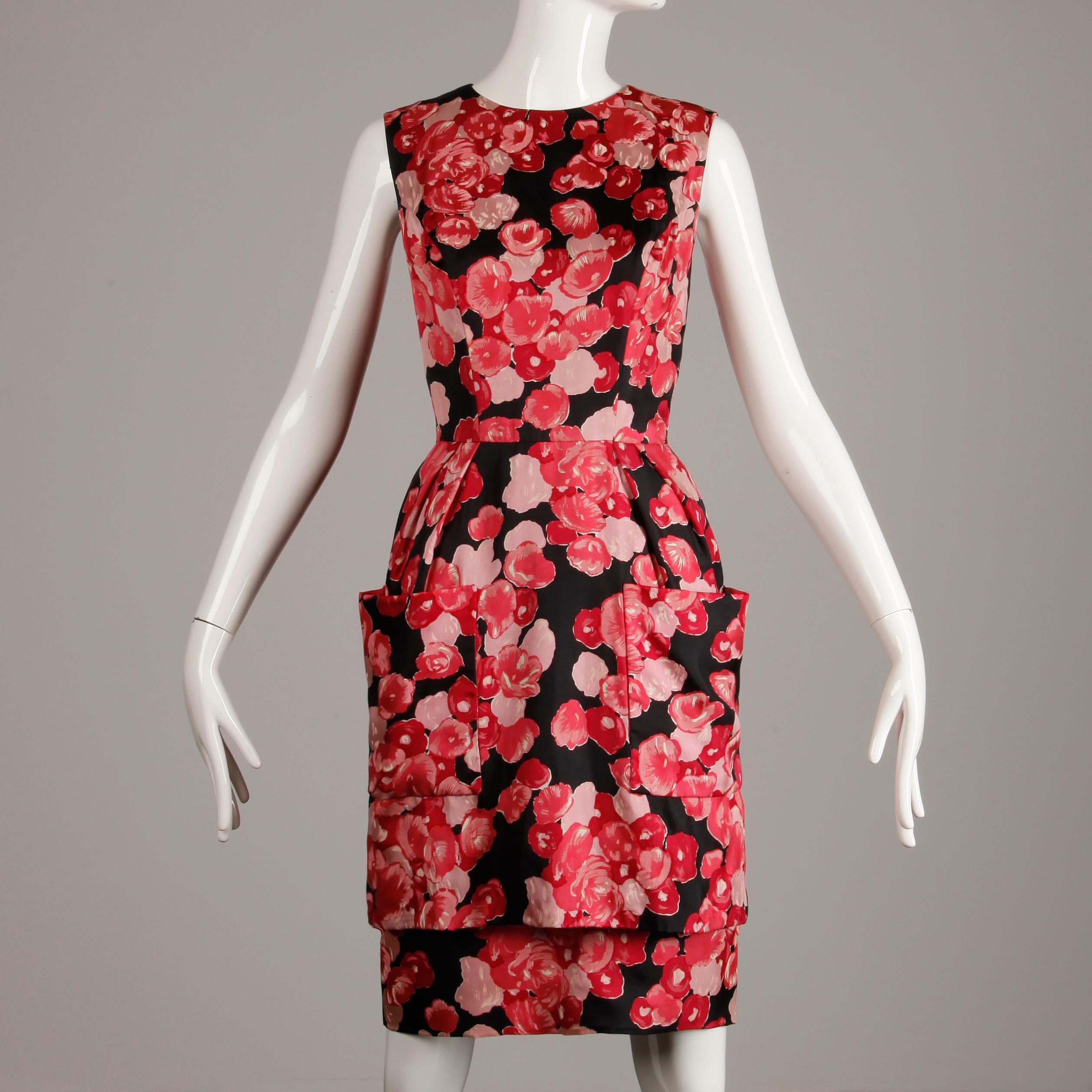 1960s Talmack by John Moore Vintage Red Pink and Black Floral Print Silk Dress 1