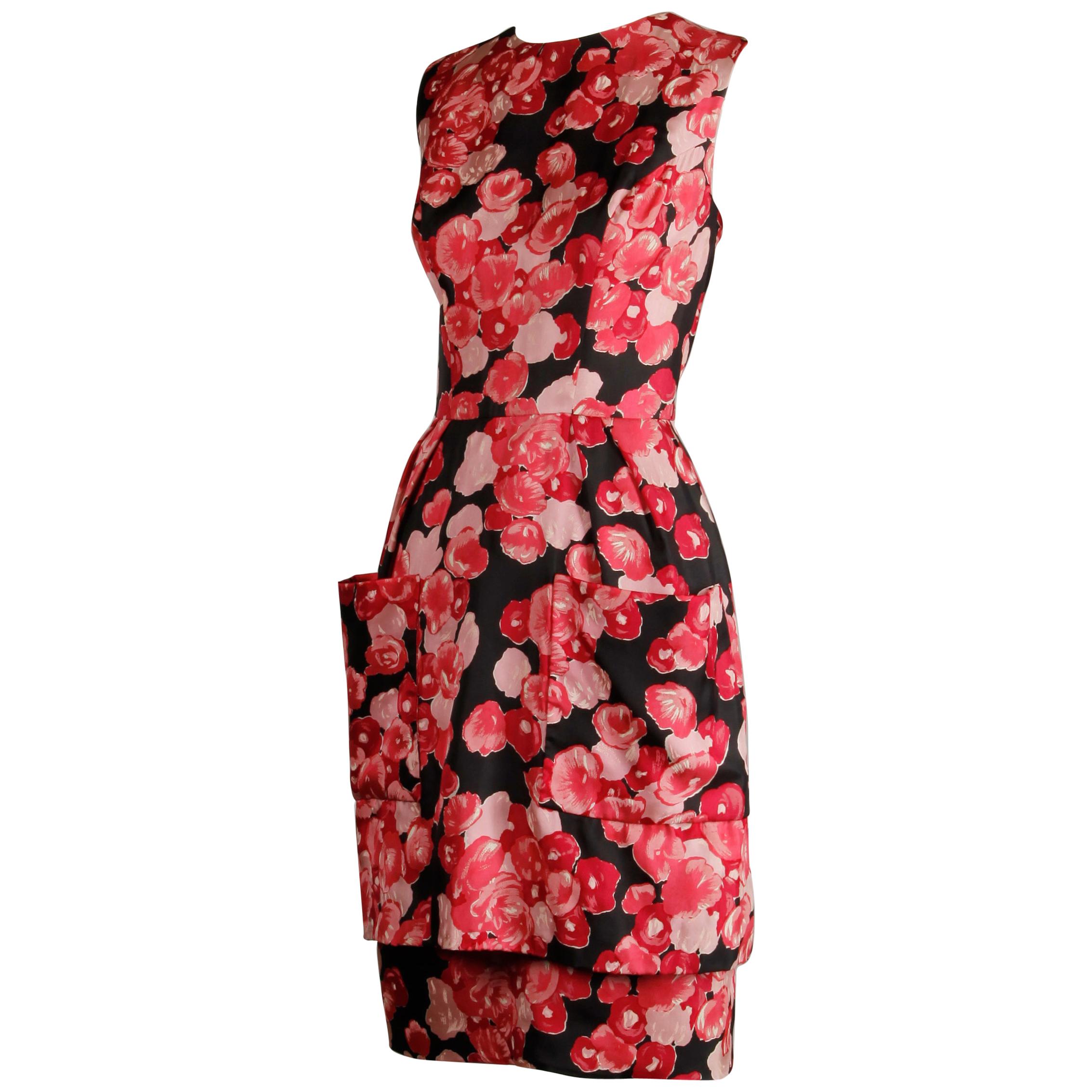 1960s Talmack by John Moore Vintage Red Pink and Black Floral Print Silk Dress