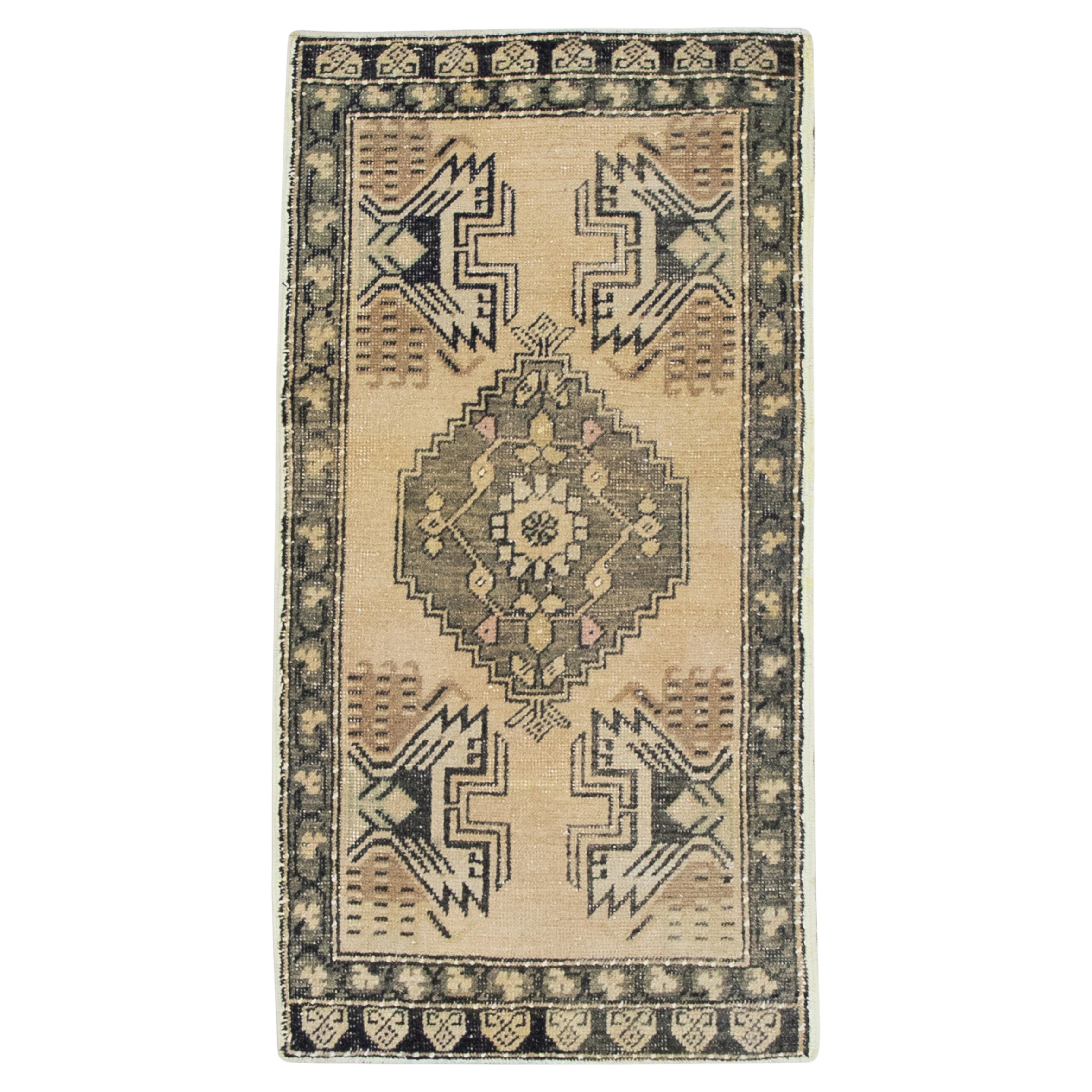 1960s Tan and Pink Vintage Turkish Mini Rug 1'9" X 3'6" For Sale at 1stDibs