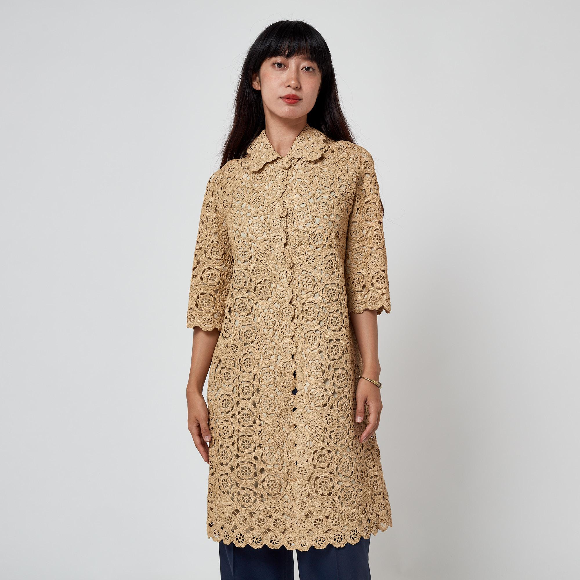 Women's 1960s Tan Floral Raffia Overcoat For Sale