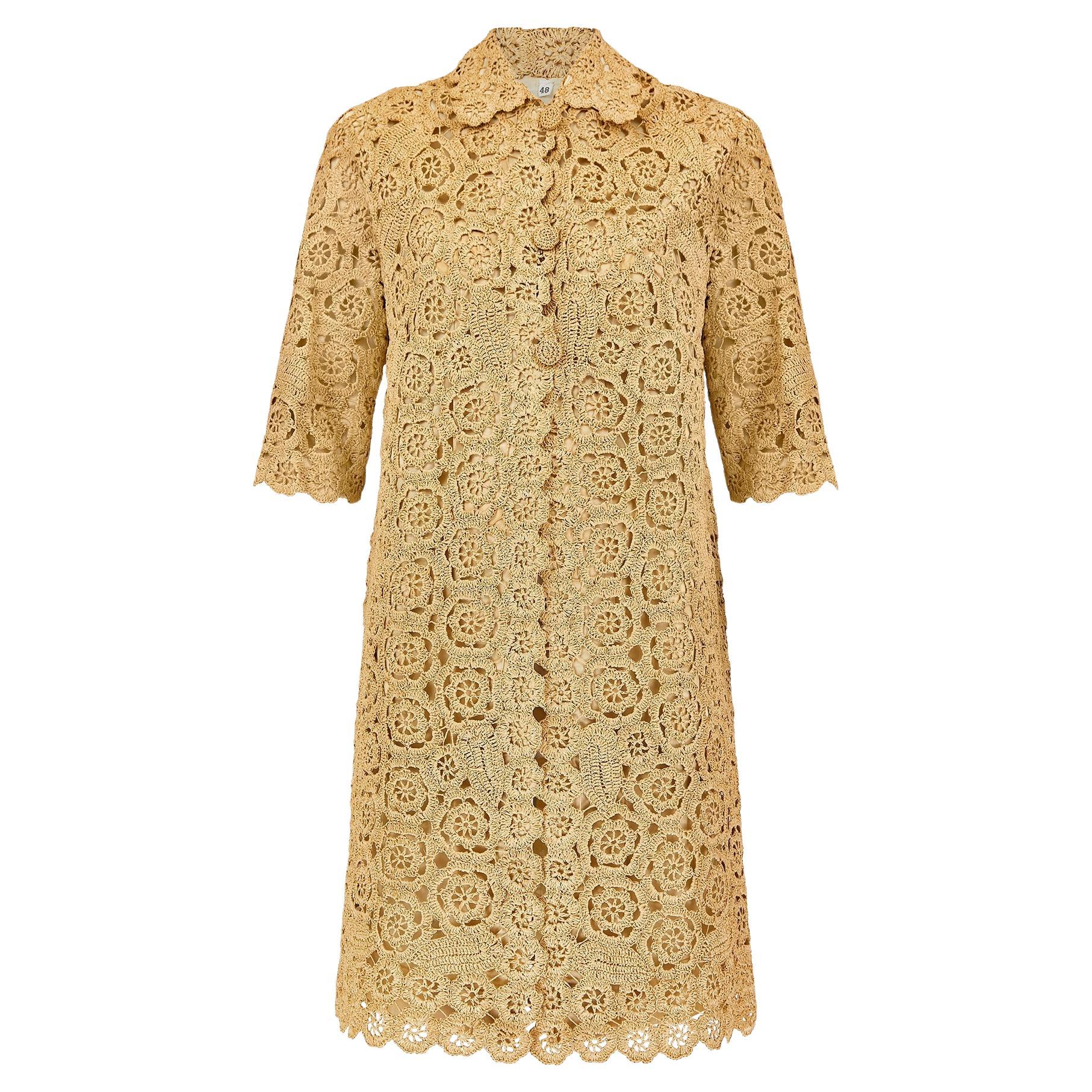 1960s Tan Floral Raffia Overcoat For Sale