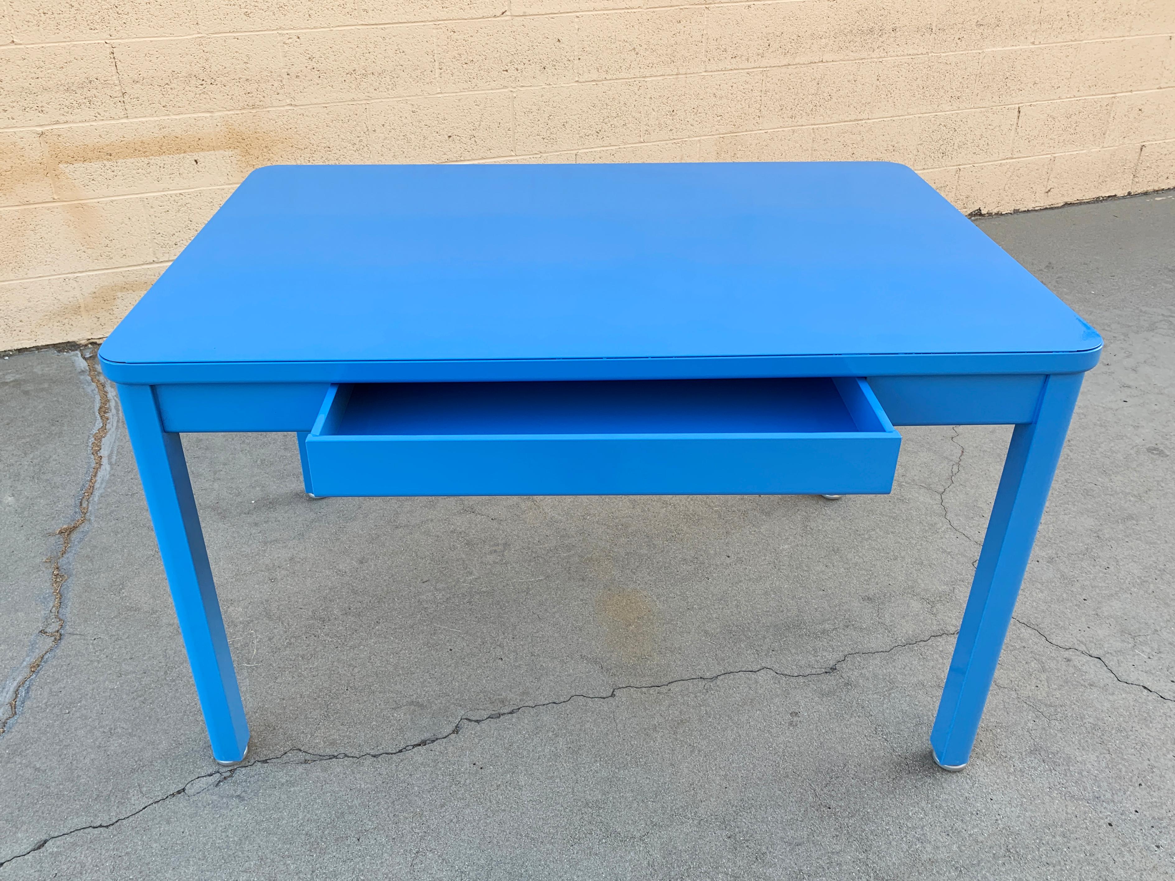 Powder-Coated 1960s Tanker Table by Steelcase, Refinished in Bright Blue
