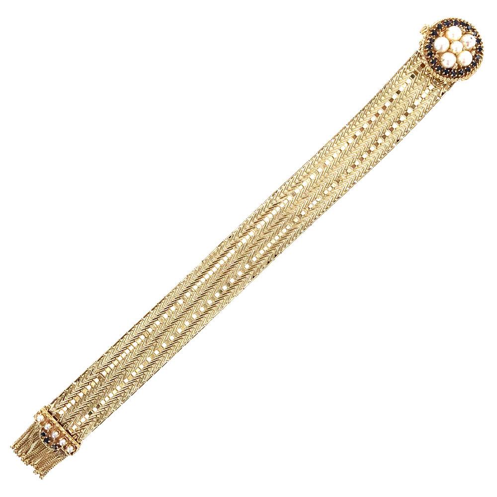 Retro 1960s Tassel Slide Bracelet Pearl Sapphire Clasp