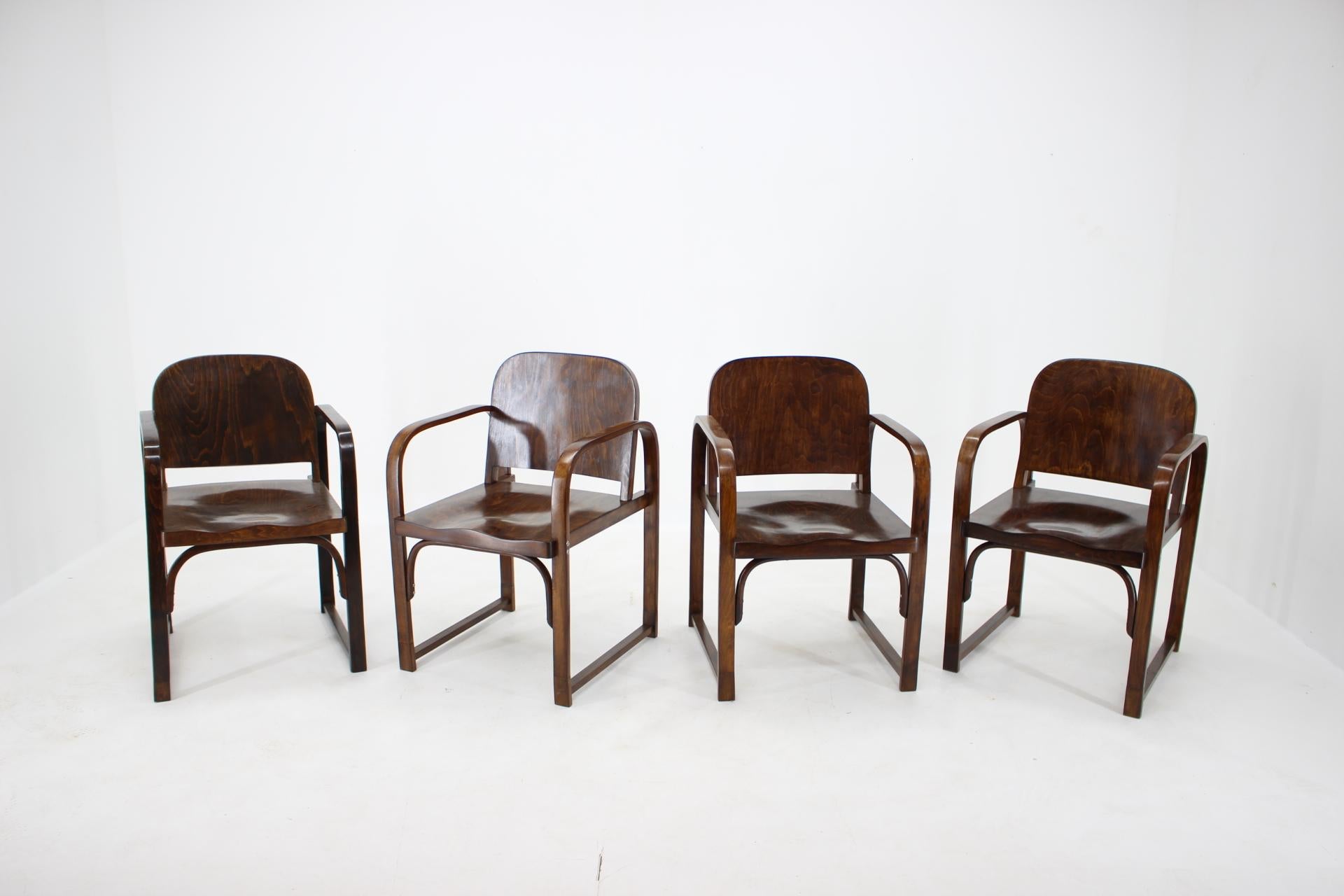 - Up to 4 pieces available 
- Finished with shellac
- The ends of the legs (circa 10cm) were replaced for new ones because they were damaged however the chairs are sturdy and stable 
- Labeled by producer
- Hight of seat 46 cm.