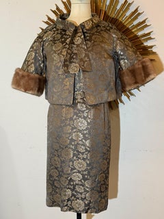 1960s Taupe & Gold Floral Brocade Sheath Dress and Mink Trimmed Jacket w Bow Tie