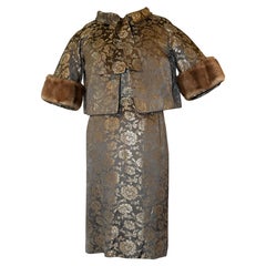 1960s Taupe & Gold Floral Brocade Sheath Dress and Mink Trimmed Jacket w Bow Tie