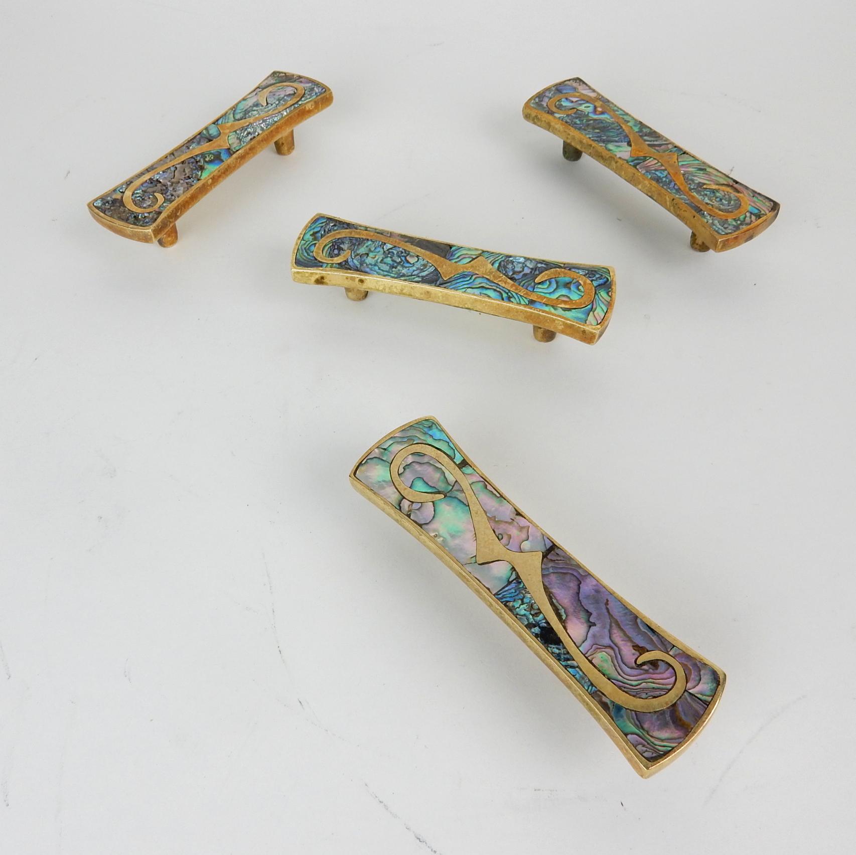 Mid-Century Modern 1960s Taxco Mexico Abalone and Bronze Door Pull, Set of 4