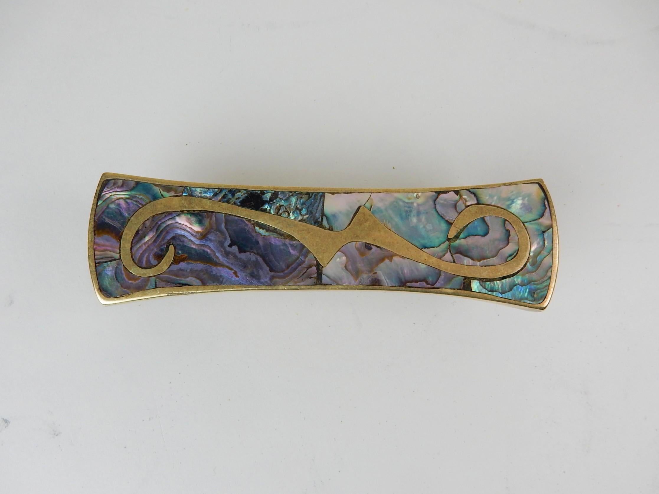 1960s Taxco Mexico Abalone and Bronze Door Pull, Set of 4 In Good Condition In Las Vegas, NV