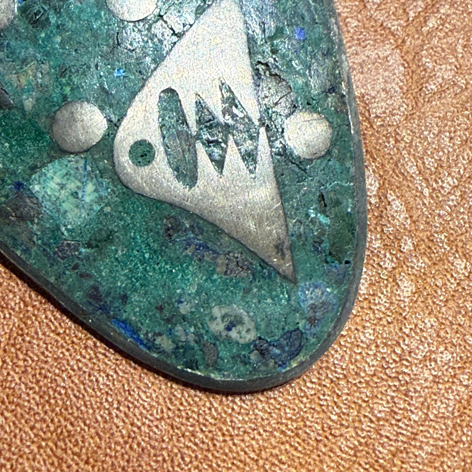1960s Taxco Mexico Abstract Fish Malachite Sterling Silver Pin For Sale 3