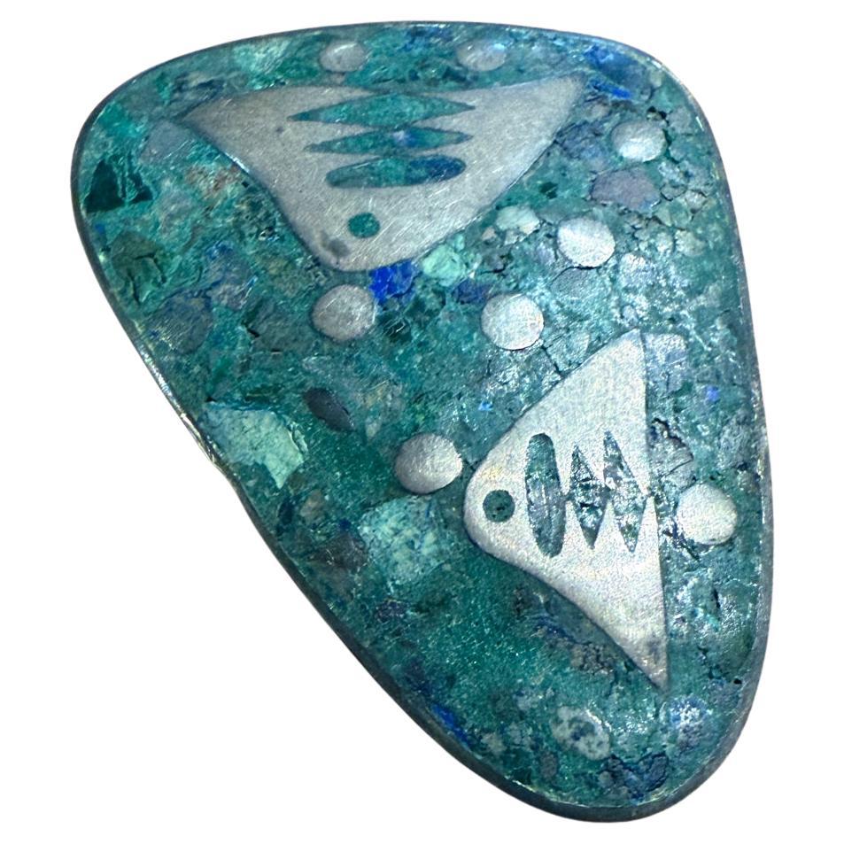 1960s Taxco Mexico Abstract Fish Malachite Sterling Silver Pin
