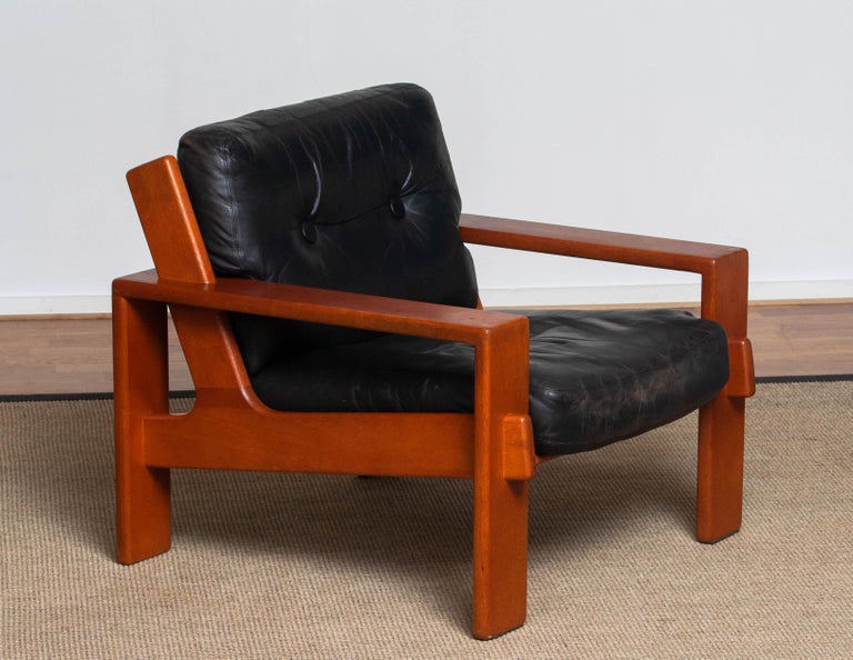 Brutalist 1960s, Teak and Black Leather Cubist Lounge Chair by Esko Pajamies for Asko For Sale