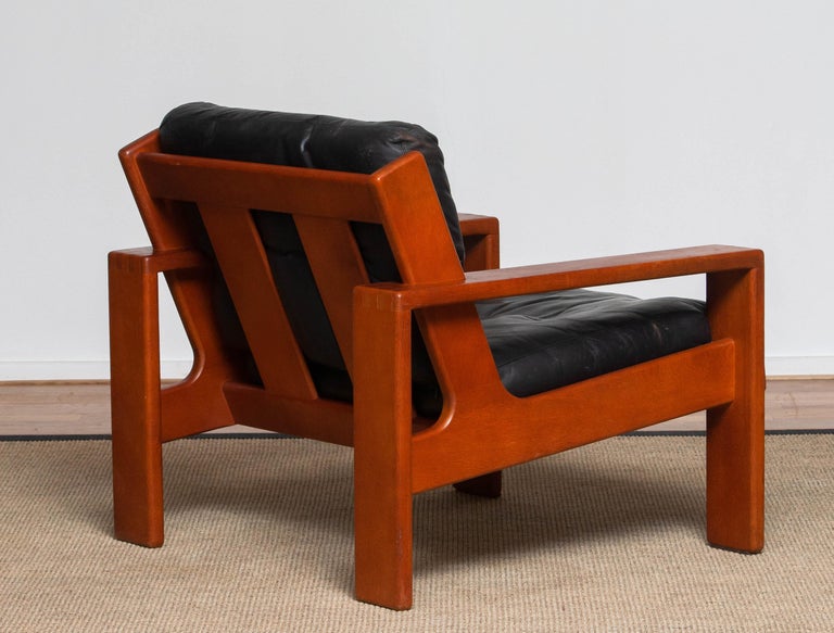Finnish 1960s, Teak and Black Leather Cubist Lounge Chair by Esko Pajamies for Asko For Sale