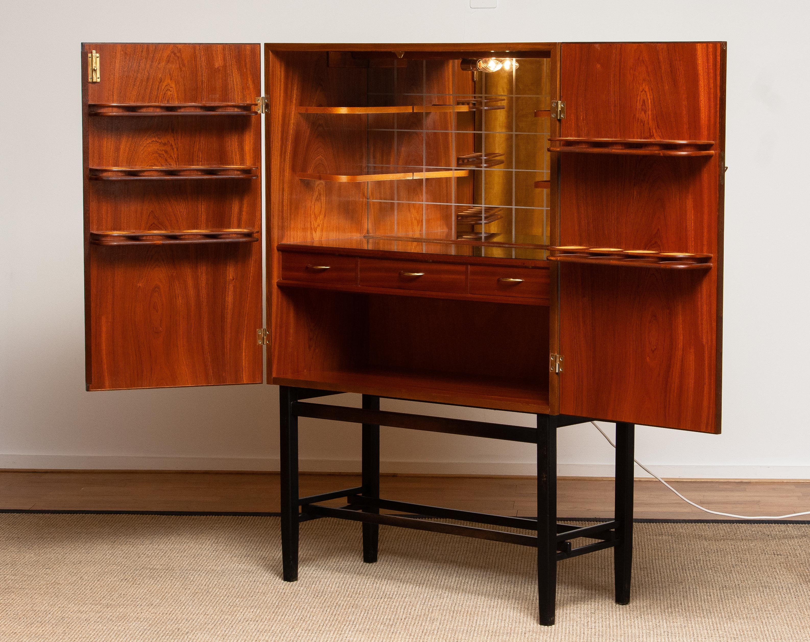 1960's Teak and Brass Dry Bar / Drinks Cabinet Made by Förenade Linköping Sweden 1