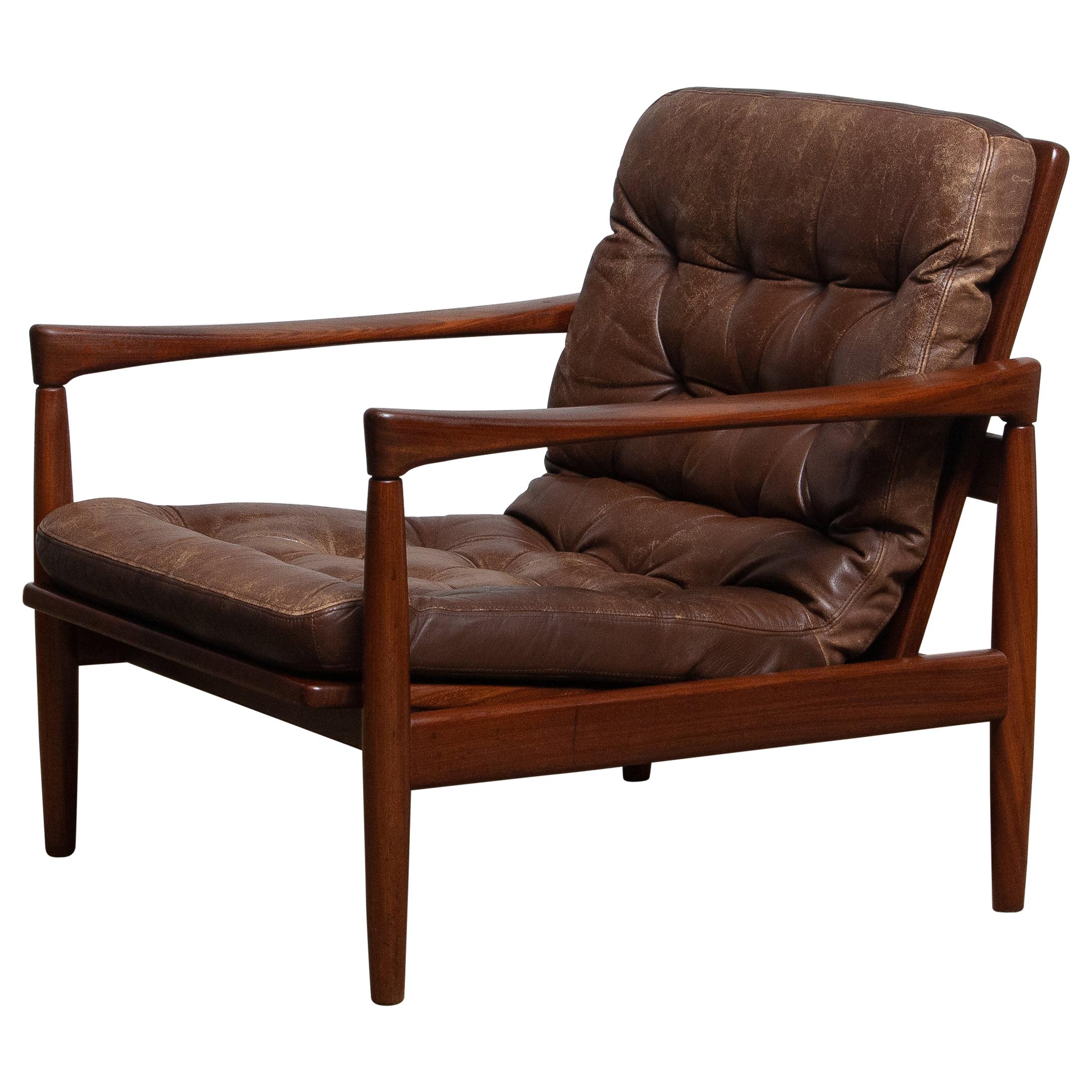 Mid-Century Modern 1960s, Teak and Brown Leather Lounge Chair by Erik Wörtz for Broderna Anderssons