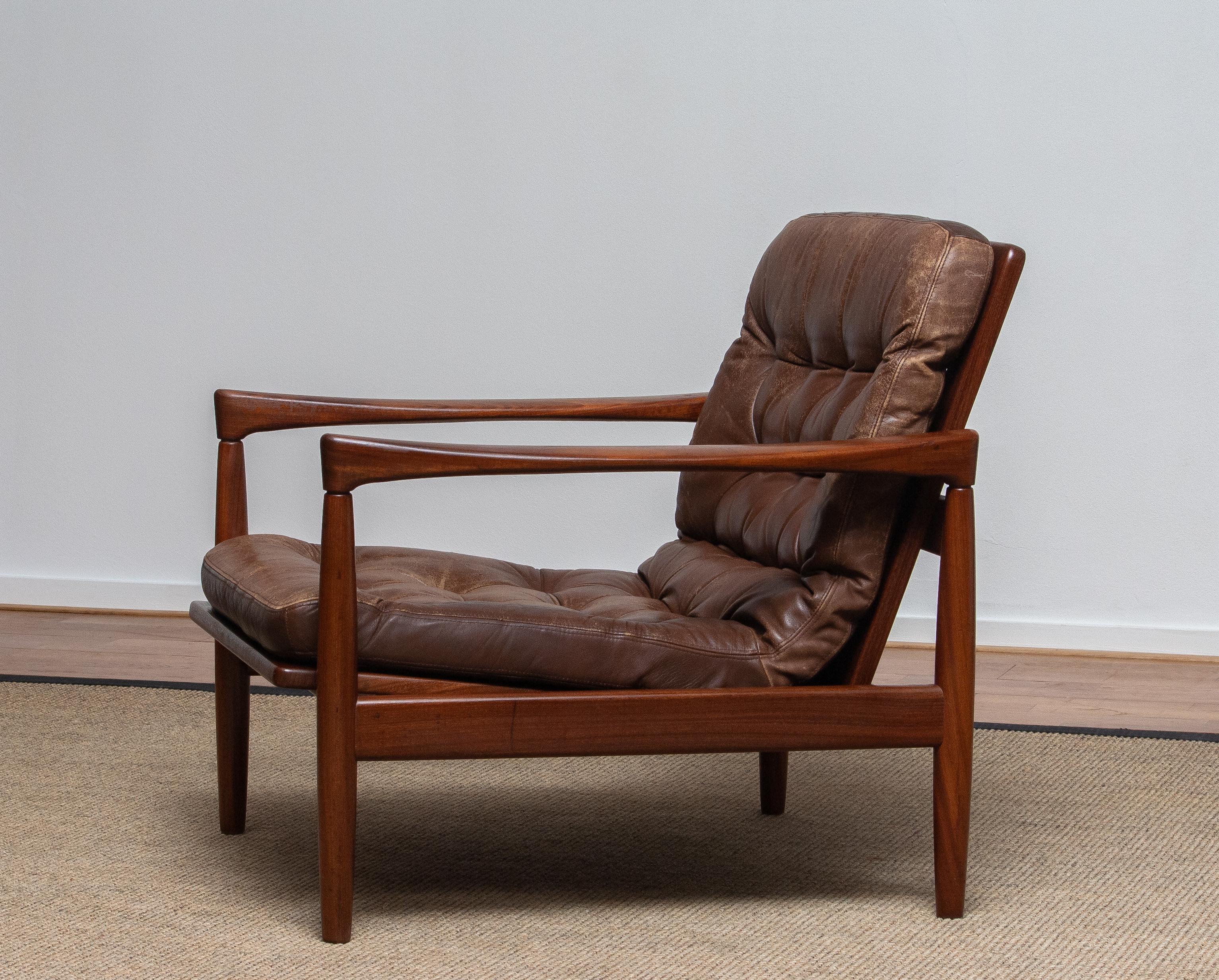 Swedish 1960s, Teak and Brown Leather Lounge Chair by Erik Wörtz for Broderna Anderssons