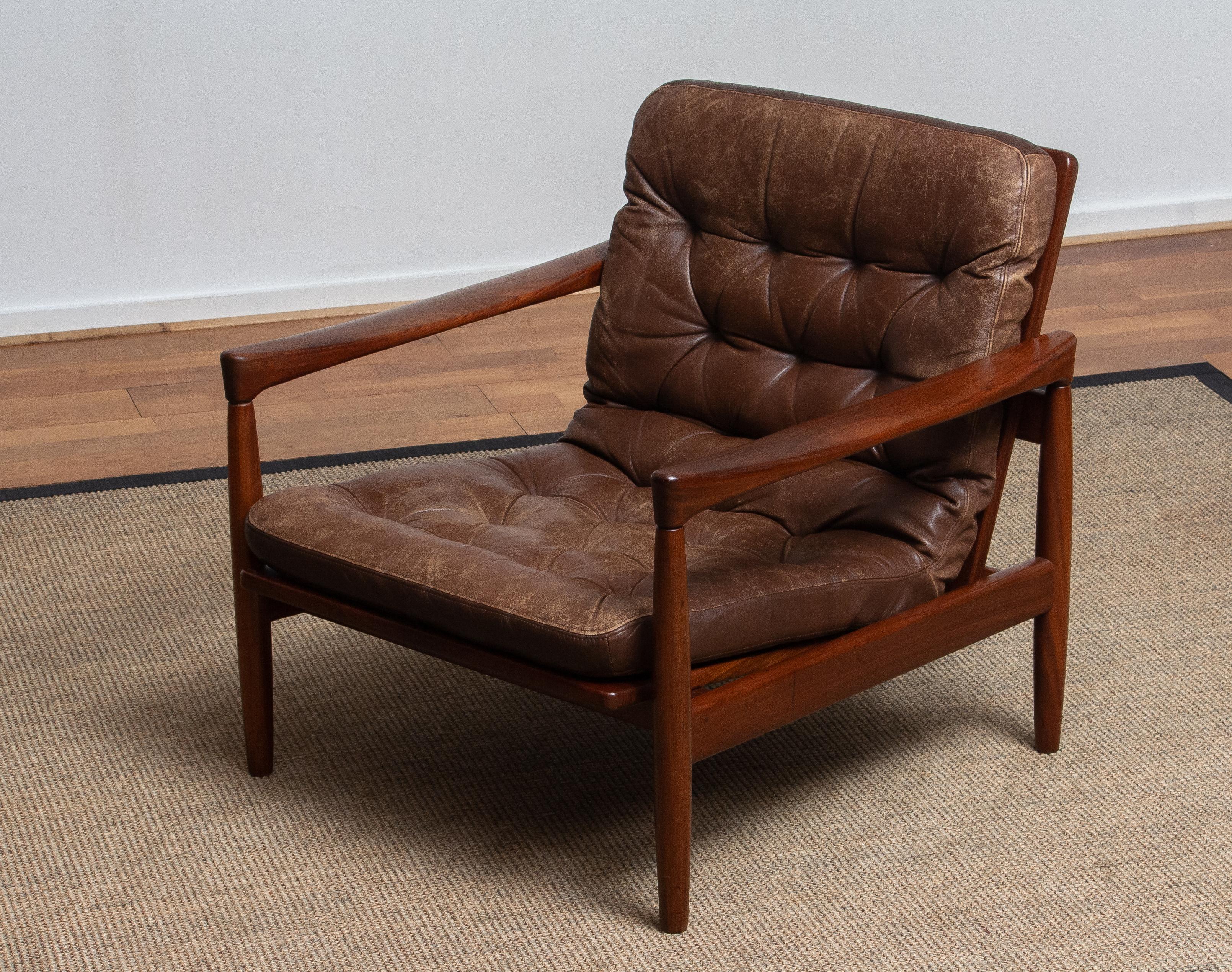 1960s, Teak and Brown Leather Lounge Chair by Erik Wörtz for Broderna Anderssons In Good Condition In Silvolde, Gelderland
