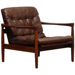 1960s, Teak and Brown Leather Lounge Chair by Erik Wörtz for Broderna Anderssons