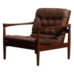 1960s, Teak and Brown Leather Lounge Chair by Erik Wörtz for Broderna Anderssons