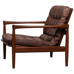 1960s, Teak and Brown Leather Lounge Chair by Erik Wörtz for Bröderna Anderssons