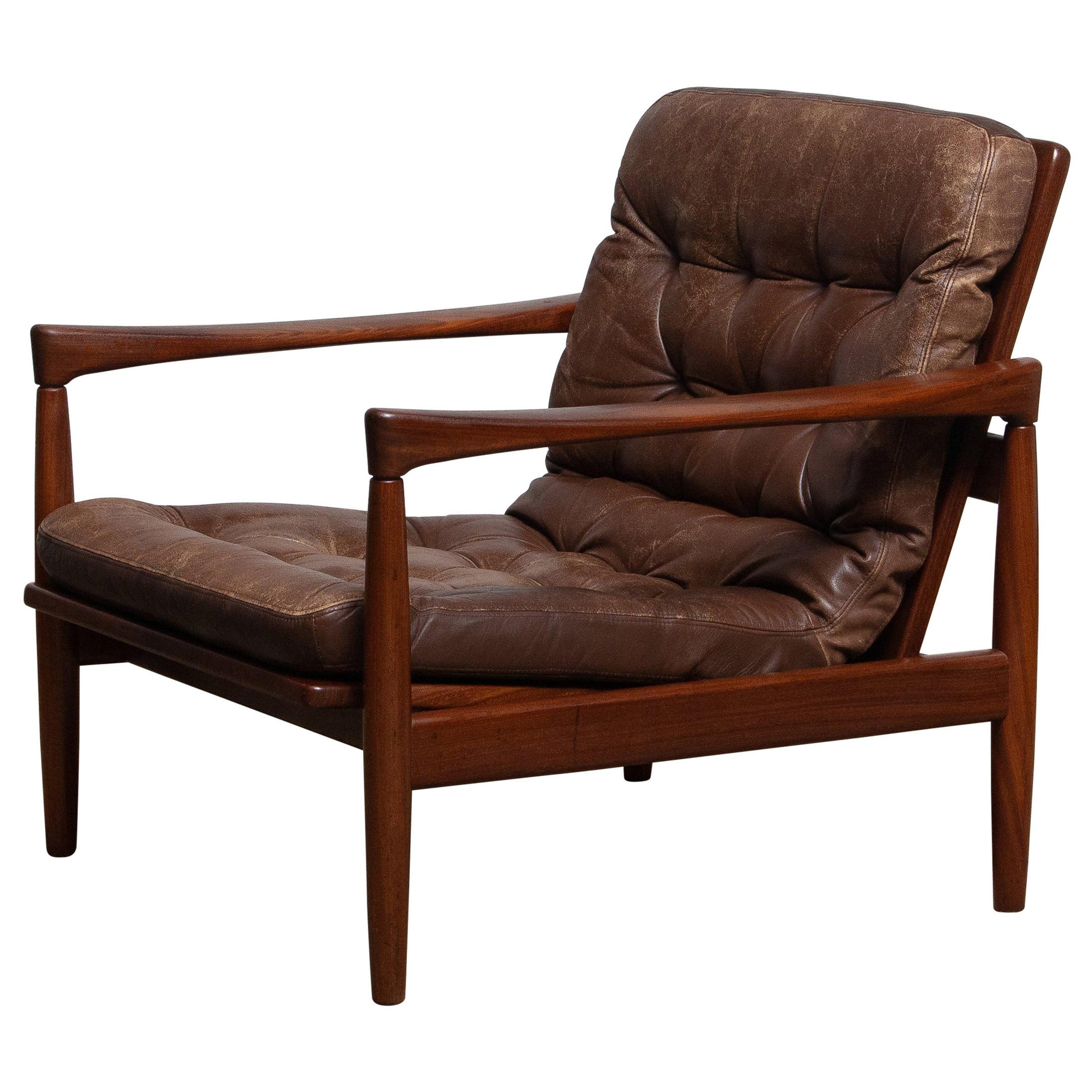 1960s, Teak and Brown Leather Lounge Chair by Erik Wörtz for Bröderna Anderssons