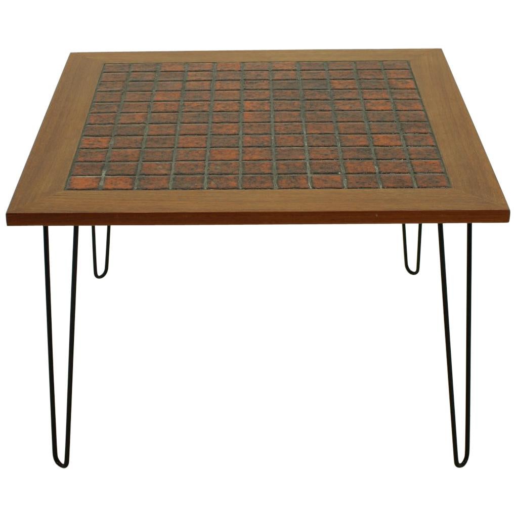 1960s Teak and Ceramic Coffee Table on Hairpin Legs