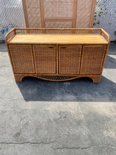 MCM 1960s Teak and Wicker Rattan Swing Doors Dresser Sideboard