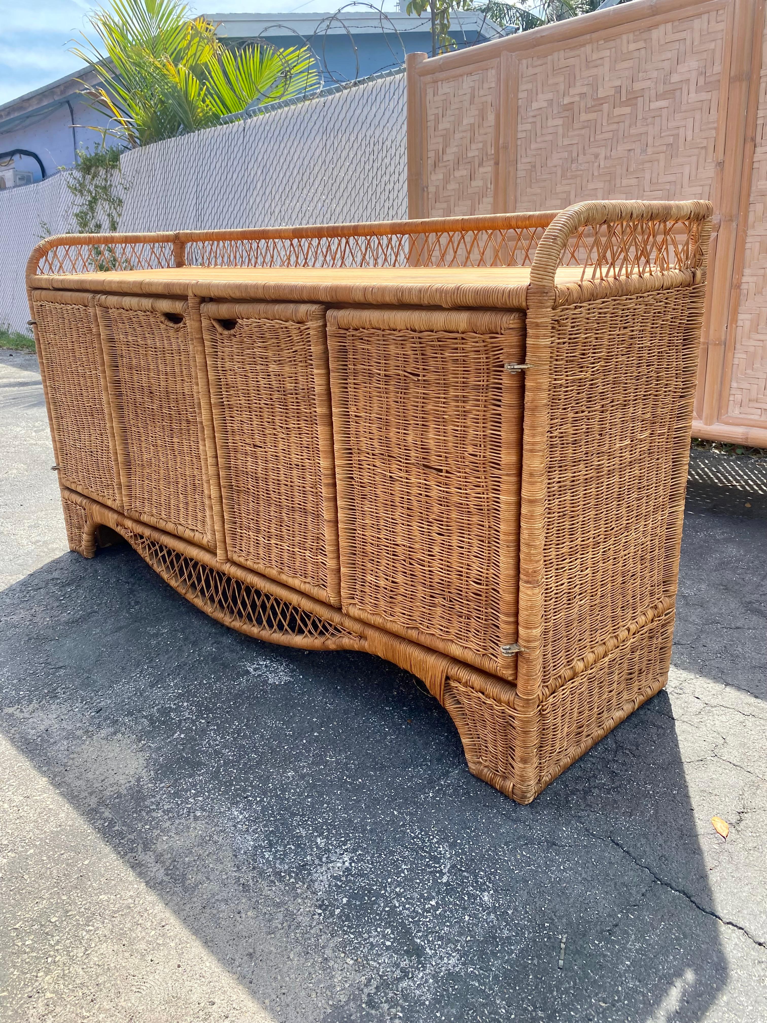Mid-Century Modern MCM 1960s Teak and Wicker Rattan Swing Doors Dresser Sideboard For Sale