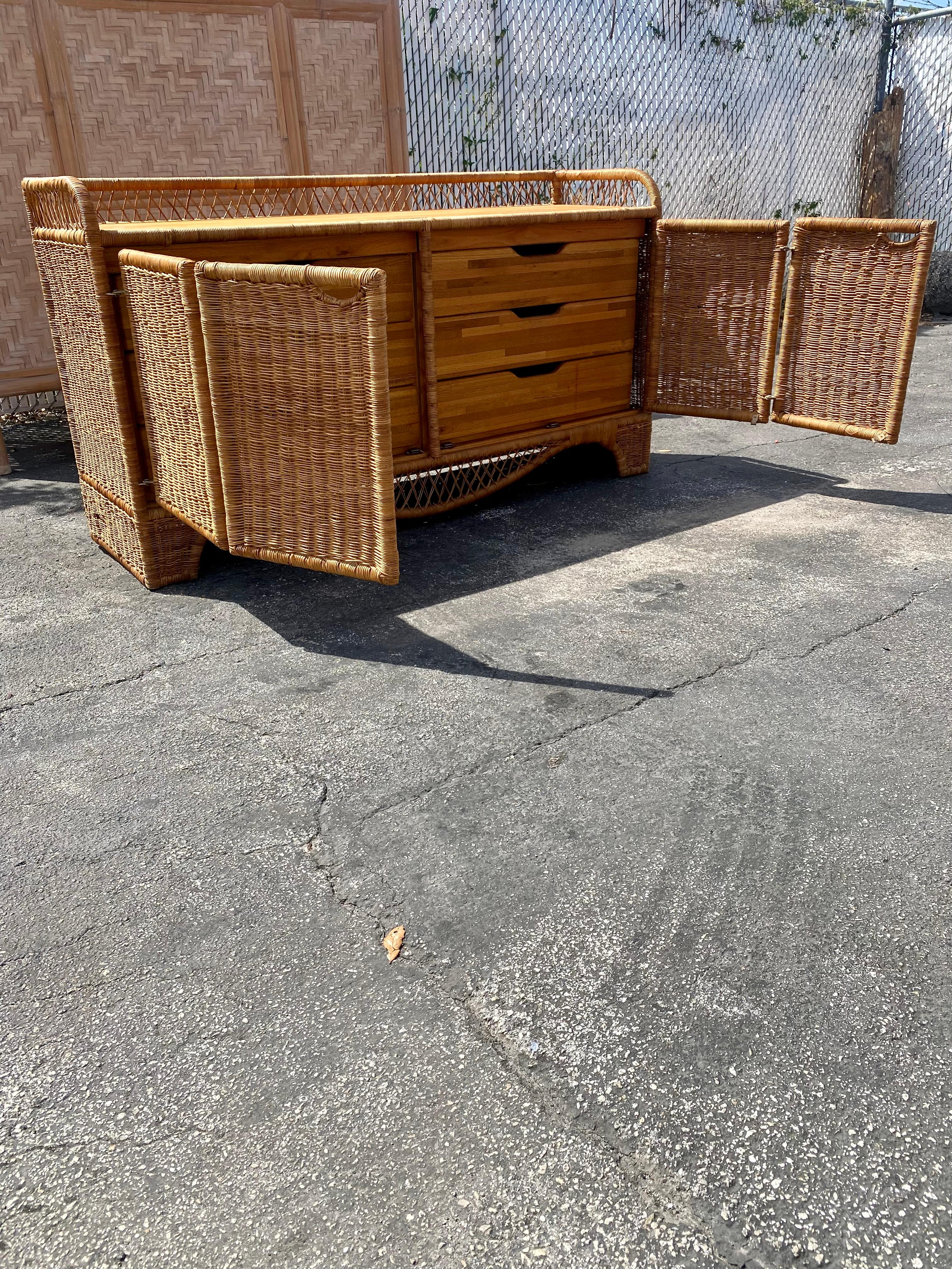 MCM 1960s Teak and Wicker Rattan Swing Doors Dresser Sideboard In Good Condition For Sale In Fort Lauderdale, FL