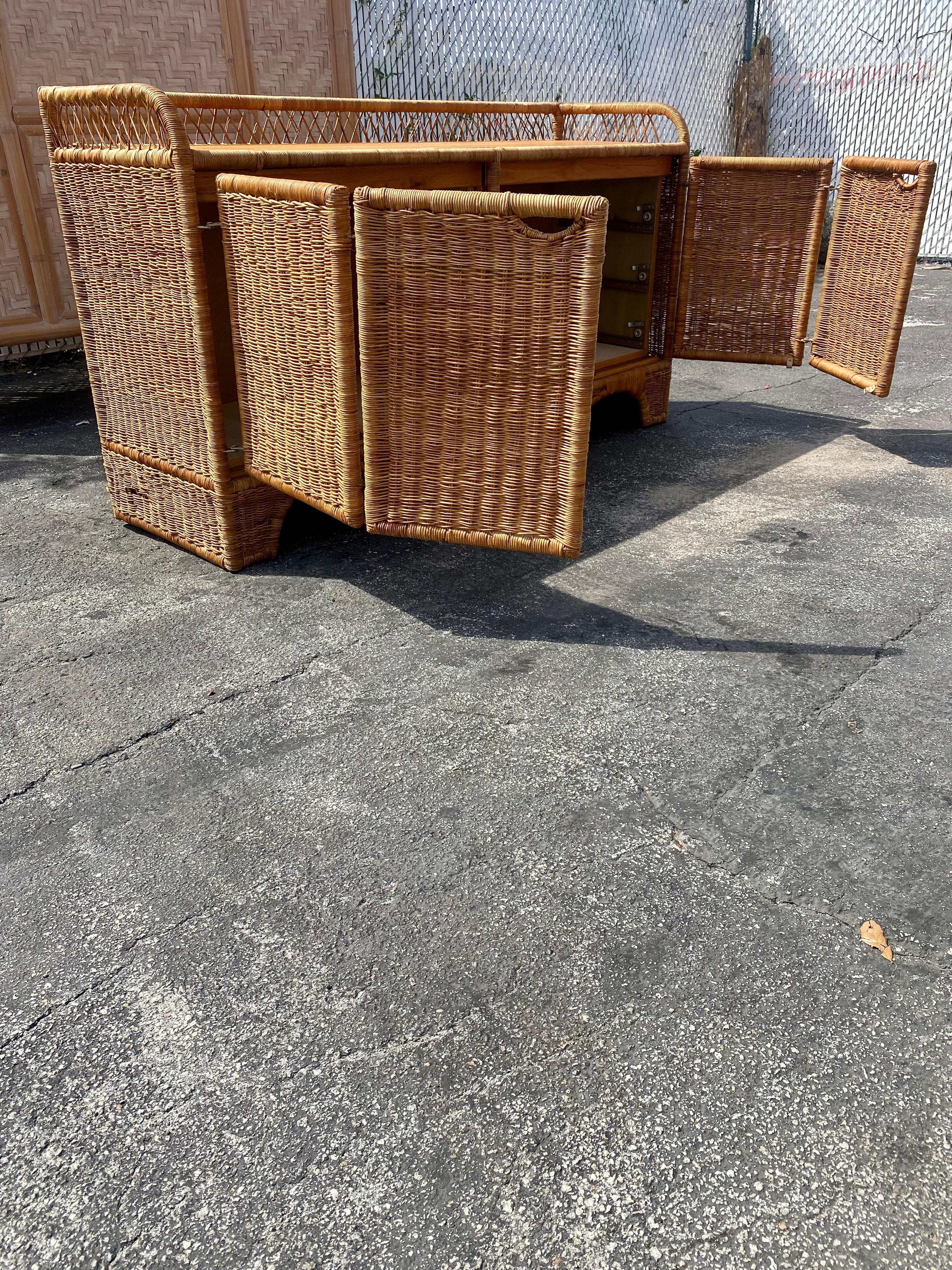 MCM 1960s Teak and Wicker Rattan Swing Doors Dresser Sideboard For Sale 1