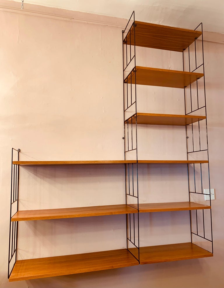 1960s Teak and Black Metal String Wall Hanging Shelving Unit by Whb Germany  at 1stDibs