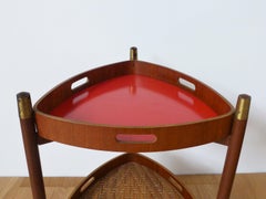 table basse des années 1960 en teck, formica, osier et laiton - Mid-Century Elegance