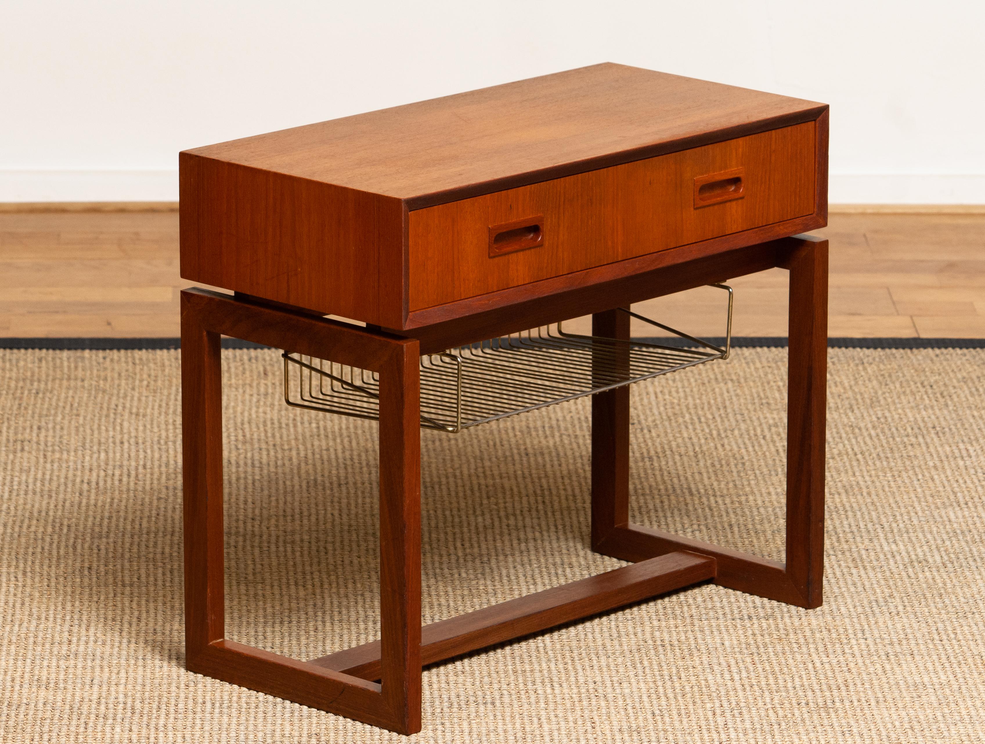Danish 1960's Teak Hall Cabinet Side Table from Denmark with Brass Paper Rack