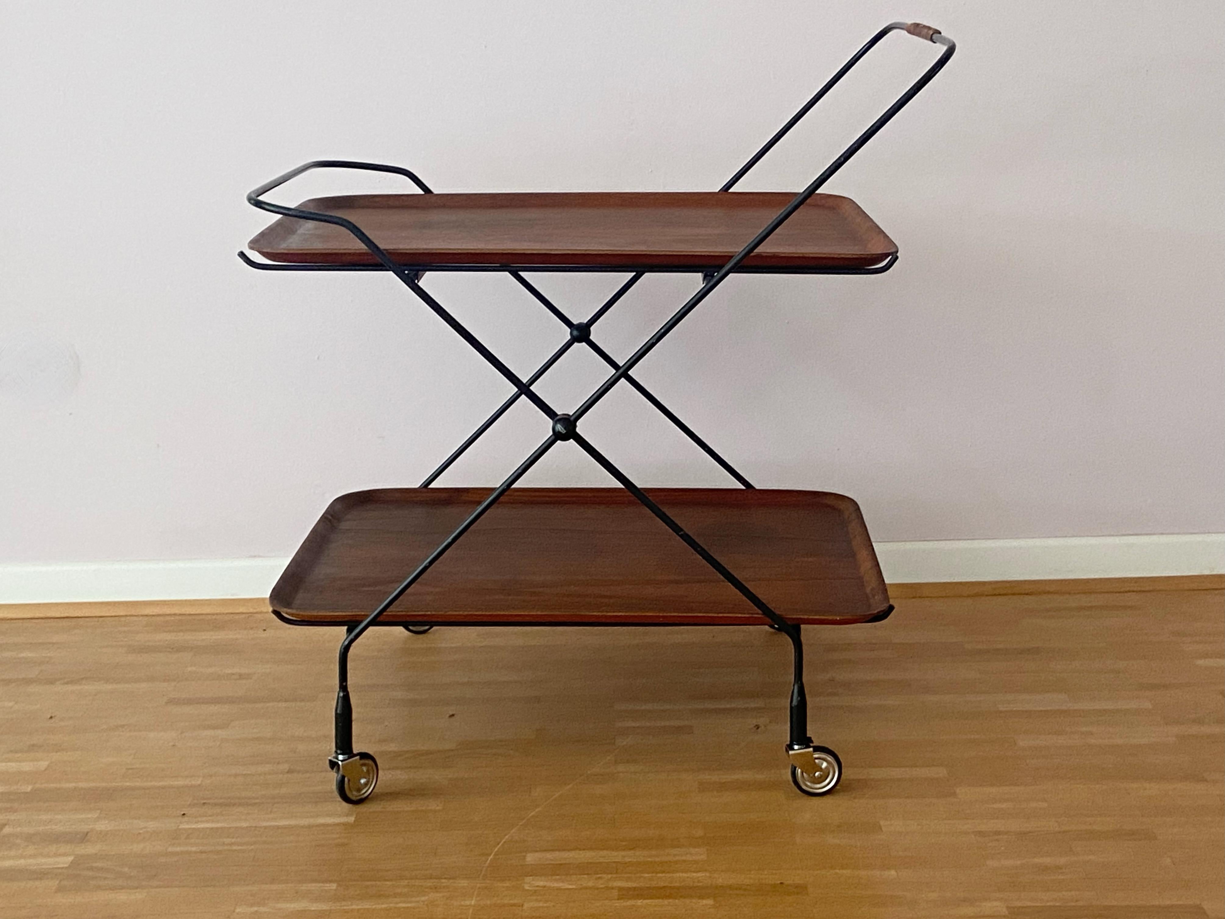 Veneer 1960s Teak Serving Trolley Jie Gantofta String Serving Trolley Made in Sweden For Sale