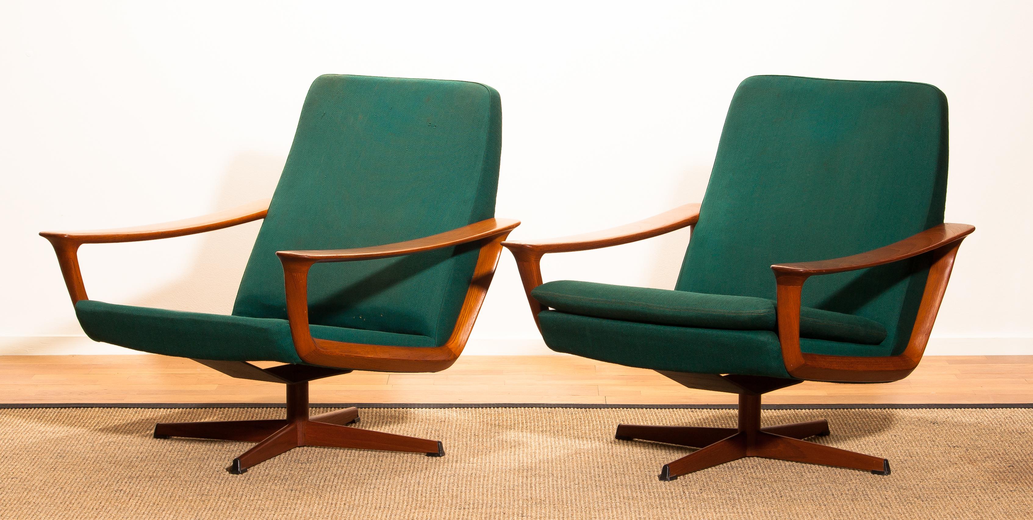 Mid-20th Century 1960s, Teak Set of Two Swivel Chairs by Johannes Andersson for Trensum Denmark